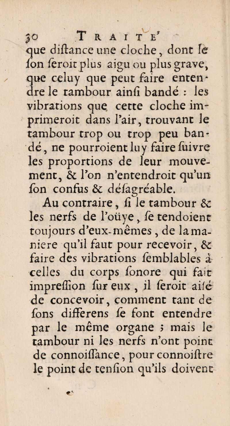 jô Traite * que diftanceune cloche, dont îe 3u plus grave, faire enten* fî bandé : les vibrations que cette cloche im- primeroit dans l’air , trouvant le tambour trop ou trop peu ban¬ dé, ne pourroientluy faire fuivre les proportions de leur mouve¬ ment, & l’on n’entendroit qu’un Ion confus & défagréable. Au contraire, fi le tambour & les nerfs de l’oüye, fe tendoient toujours d’eux-mêmes, de la ma¬ niéré qu’il faut pour recevoir, &c faire des vibrations femblables à celles du corps lonore qui fait impreffion fur eux , il lèroit aifé de concevoir, comment tant de fons differens le font entendre par le même organe ; mais le tambour ni les nerfs n’ont point de connoiflance, pour connoiftre le point de tenfion qu’ils doivent Ion fëroit plus aigiu que celuy que peut dre le tambour ainl