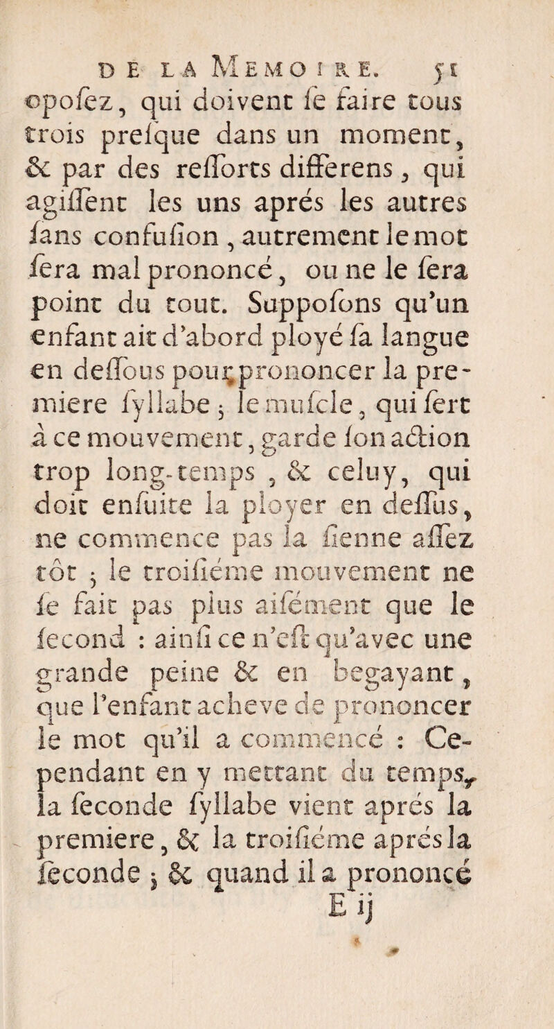 opofèz, qui doivent le faire tous trois prefque dans un moment , & par des redores differens , qui agiiîent les uns apres les autres fans confufion , autrement le mot fera mal prononcé, ou ne le fera point du tout. Suppofons qu’un enfant ait d’abord ployé fa langue en deffous poux; prononcer la pre¬ mière iyllabe j lemufcle, quifert à ce mouvement, garde ion action 5 LJ trop long-temps , & celuy, qui doit enfuite la ployer en deifus, ne commence pas la tienne alfez tôt ^ le troiiiéme mouvement ne le fait pas pins aifement que le fécond : ainü ce n’efe qu’avec une grande peine & en bégayant, que l’enfant achevé cle prononcer le mot qu’il a commencé : Ce¬ pendant en y mettant du temps*, la fécondé fyllabe vient après la première, & la troiiiéme après la féconde j & quand lia prononcé