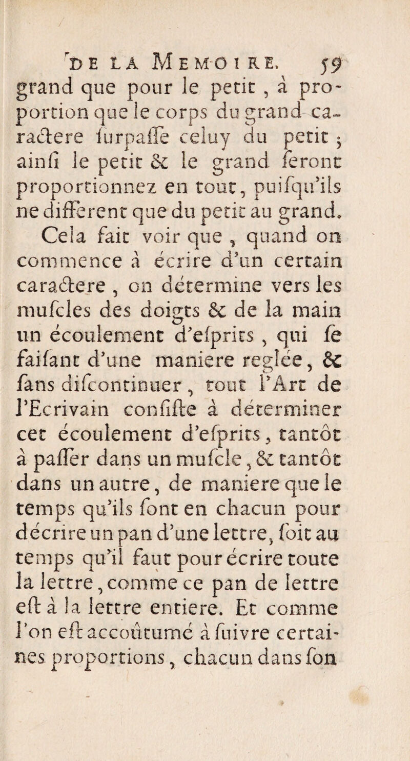 grand que pour le petit , à pro¬ portion que le corps du grand ca¬ ractère lurpalîe celuy du petit 5 ainll le petit & le grand feront proportionnez en tout, puifqifils ne different que du petit au grand. Cela fait voir que , quand on commence à écrire d'un certain caradere , on détermine vers les imifcles des doigts & de la main un écoulement d’elprics , qui le faifant d’une maniéré réglée, & fans discontinuer , tout l’Art de l’Ecrivain confîfte à déterminer cet écoulement d’efprits, tantôt à palier dans un mufcle, & tantôt dans un autre, de maniéré que le temps qu’ils font en chacun pour décrire un pan d’une lettre, foit au temps qu’il faut pour écrire toute la lettre, comme ce pan de lettre eftà la lettre entière. Et comme Ton eft accoutumé àfuivre certai¬ nes proportions, chacun dans fort