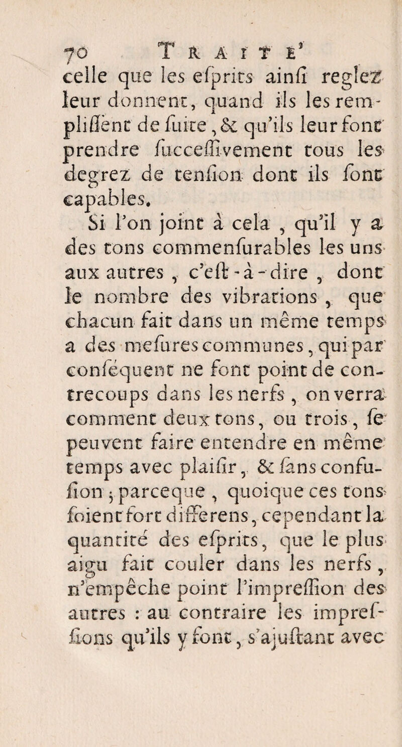 celle que les efprits ainfi réglée leur donnent, quand ils les rem- pliffènc de fuite, de qu’ils leur font prendre fucceffivement tous les degrez de tendon dont ils font capables* Si l’on joint à cela , qu'il y a des tons eommenfurables les uns aux autres ,. c’eft-à-dire , dont le nombre des vibrations , que chacun- fait dans un même temps a des niefures communes, qui par confisquent ne font point de con¬ trecoups dans les nerfs , on verra comment deux tons, ou trois, fe peuvent faire entendre en même temps avec piaifir, Stiansconfu- iion j pareeque , quoique ce s cons^ foient fort differens, cependant la quantité des efprits, que le plus aigu fait couler dans les nerfs, G) “ n'empêche point l’impreffion des autres : au contraire les impref- fions qu’ils y font, s’ajuftanc avec