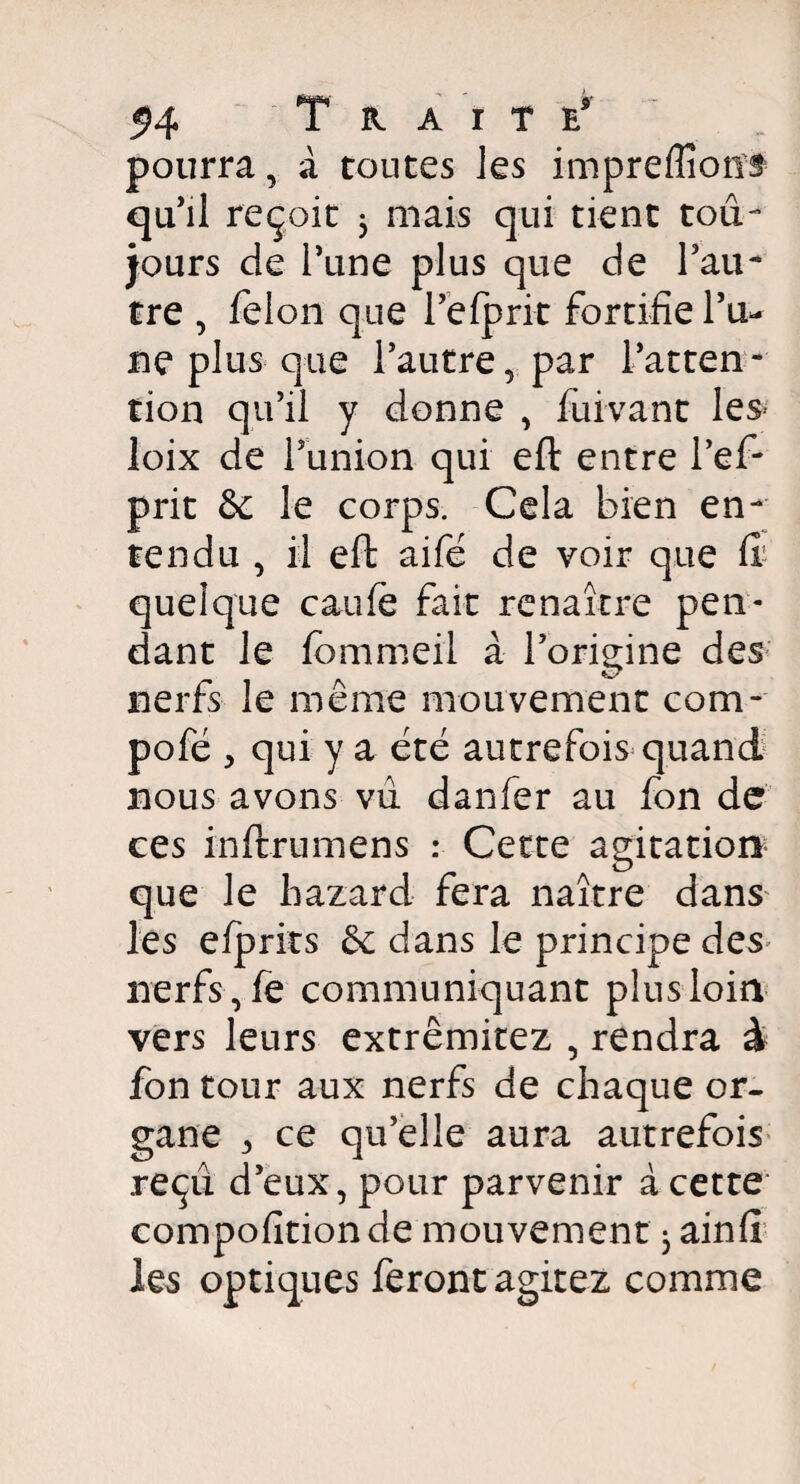 54 Trait e* pourra, a toutes les impreflîoiïf qu’il reçoit 3 mais qui tient tou¬ jours de Tune plus que de l’au¬ tre , félon que Tefprit fortifie Tu¬ ne plus que l’autre, par l’atten¬ tion qu’il y donne , fuivant les* loix de l’union qui efl: entre Tef- prit &; le corps. Cela bien en¬ tendu , il eft aifé de voir que fi quelque caiife fait renaître pen¬ dant le fommeil à l’origine des nerfs le même mouvement corn- pofé , qui y a été autrefois quand nous avons vu danfer au fon de ces inftrumens : Cette agitation que le hazard fera naître dans les efprits &c dans le principe des nerfs, fe communiquant plus loin vers leurs extrêmitez , rendra à fon tour aux nerfs de chaque or¬ gane 3 ce qu’elle aura autrefois reçu d’eux, pour parvenir à cette compofition de mouvement 3 ainfi les optiques feront agitez comme