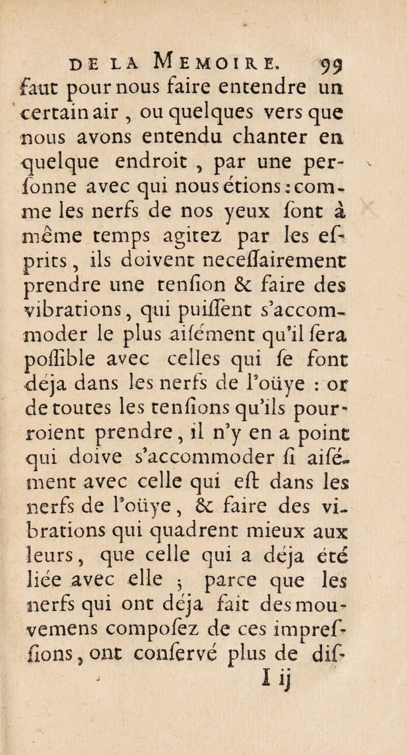 faut pour nous faire entendre un certain air , ou quelques vers que nous avons entendu chanter en quelque endroit , par une per- fonne avec qui nous étions:com¬ me les nerfs de nos yeux font à même temps agitez par les ef~ pries, ils doivent neceflairement prendre une tenfion & faire des vibrations, qui puiflent s’accom¬ moder le plus aifément qu*il fera polîible avec celles qui fe font déjà dans les nerfs de Foüye : or de toutes les renflons qu’ils pour- roient prendre, il n’y en a point qui doive s’accommoder fi aifé~ ment avec celle qui effc dans les nerfs de Foüye, de faire des vi¬ brations qui quadrent mieux aux leurs 5 que celle qui a déjà été liée avec elle • parce que les nerfs qui ont déjà fait desmou- vemens compofez de ces impref- fions 3 ont confervé plus de dif- lij