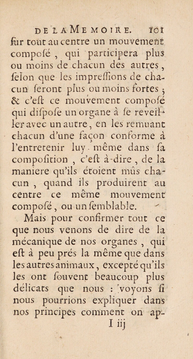 DE UME MOIRE. ÏOÎ far tout an centre un mouvement compofë , qui participera plus ou moins de chacun des autres 5 félon que les impreffions de cha¬ cun feront plus ou moins fortes j &L c’efl' ce mouvement compofë qui difpofe un organe à fe revei'f* 1er avec un autre, en les remuant chacun d’une façon conforme à l’entretenir luy-même dans fa compofition , c’eft à-dire , de la maniéré qu’ils étoient mus cha¬ cun , quand ils produirent au centre ce même mouvement compofë, ou unfemhlable. Mais pour confirmer tout ce que nous venons de dire de la mécanique de nos organes , qui eft à peu prés la même que dans les autres animaux, excepté qu’ils les ont fouvenp beaucoup plus délicats que nous : voyons iï nous pourrions expliquer dans nos principes comment on ap~