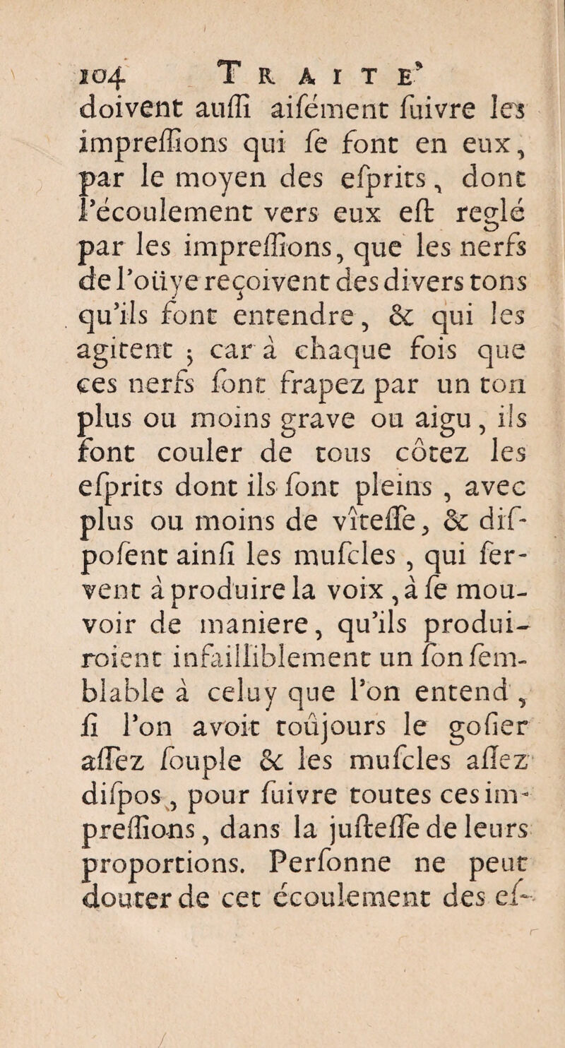I io4 Traite* doivent auffi ailement ffiivre Ie5 impreffions qui fe font en eux, par le moyen des efprits, dont l'écoulement vers eux eft réglé par les impreffions, que les nerfs de l'oiiye reçoivent des divers tons qu'ils font entendre, & qui les agitent $ car à chaque fois que ces nerfs font frapez par un ton plus ou moins grave ou aigu, ils font couler de tous cotez les efprits dont ils font pleins , avec plus ou moins de vîteffe, & dif* pofent ainfi les mufcles , qui fer- vent à produire la voix , à fe mou¬ voir de maniéré, qu'ils produis roient infiilliblement un fonfem- blahle à celuy que l'on entend , fi l'on avoir toujours le gofier affiez fouple 6c les mufcles allez difpos , pour fuivre toutes ces im¬ preffions, dans la juftede de leurs proportions. Perfonne ne peut douter de cet écoulement des ef~ /