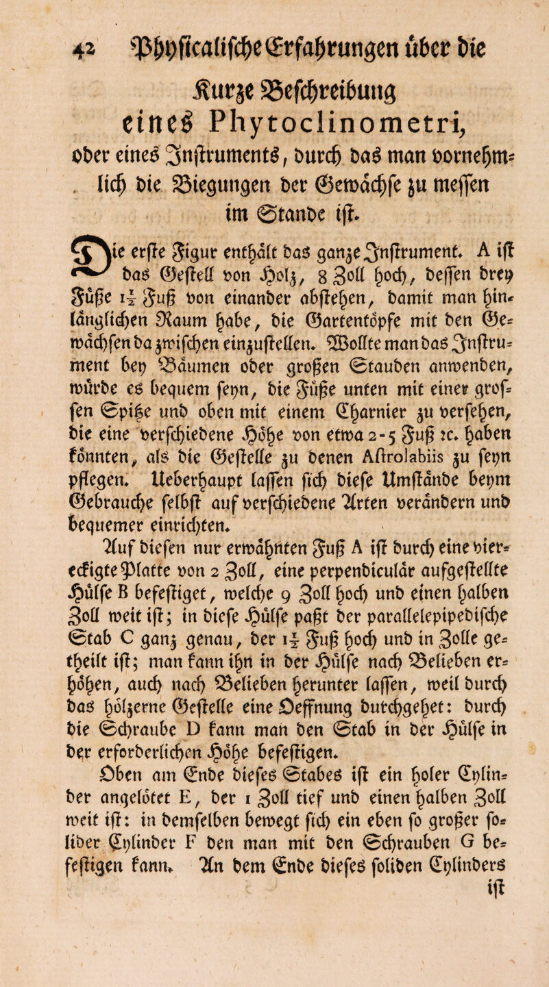 tose SSefchrethung eiltPhytoclinometri, ober etrtcö SnjirumentS, Durch Da$ man üontefjm* . lieb Die Biegungen Der ©etüddjfe &u mejfrn tm ©tanDe ijr. crf?c $igur enthaft Das ganje^nfirument. A iff ba$ ©efM pon Jjolj, 8 3°^ £od), beffen brep 3üfe ii 5u£ bon einander abflef)en, bamtt man f)in* (ang(id)en SJaum §abe, bie ©artentopfe mit ben ©e* mdd)fen ba jtptfc^en ein juflettem ®oUte man baö ^njtru^ ment bet) Säumen ober großen ©tauben anmenben, mürbe es bequem fepn, bie $ufe unten mit einer grof fen ©pife unb oben mit einem (garnier $u oerfef)en, bie eine berfd)iebene Jpö£e pon etwa 2-5 $uf :c, ^aben formten, als bie ©efiette ju benen Aftrolabiis ju fepn pfiegen, Ucbet^aupt taffen ftd) biefe Umffdnbe beprn ©ebraudje fetbfl auf oerfd)iebene 7£rten oerdnbern unb bequemer einrid)fen, 2Cuf biefen nur ermatten guf? A ifi burd) eine Pier* eefigte glatte oon 2 3ott, eine perpenbtculdr aufgefMte $ü(fe B befeftiget, n>e(d)e 9 3°K §od) unk einen (wt&en 3oü weit ifi; in biefe Jpütfe pa£t ber para((elepipebtfd)e ©tab C ganj genau, ber guf f)od) unb in3otfe ge- t^eift tfi; man fanni^n in ber ^ülfe nach Seüeben er* §6f}en, aud) nad) Selieben herunter (affen, meilburd) bas §ö($erne ©efiefte eine öeffnung butebge^et: burd) bie ©d)raube D bann man ben ©tab in ber Jpulfe in ber erforber(id)en Jpd^e befeftigen, öben am (£nbe biefen ©tabes tfi ein ^ofer (Ep(in* ber angefdtet E, ber 1 3o(l tief unb einen falben 3>qU weit ifi: in bemfelben bemegt ftd) ein eben fo großer fo* über £p(inber F ben man mit ben ©cfyrauben G be* fejligen fantu Zn bem Snbe biefes foliben (Eplinbers iff