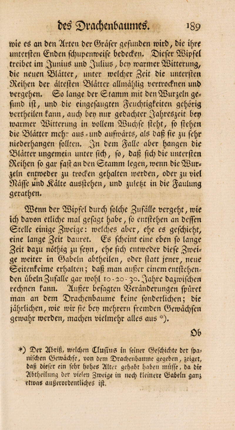 fas 2)rac!)cnbattmc0. 389 wte es an ben litten ber@rdfer gefunben wirb, bte unterem ©nben fd)upen weife bebecfen* SDiefer ®ipfe( treibet im ,3dntuS unb Julius, fop warmer SSBttterung, bie neuen QMdtter, unter meiner 3^tt bte unterften Sieben bet* dlteßen QMdtter allmahltg bertrocfnen unb bergehen* ©o lange ber ©famm mit ben SSBurjeln ge* funb tji, unb bie eingefaugten $eud)tigfeiten gehörig bertheilen fann, aud) bep nur gebad)ter ^^tcöjeif bep warmer ©itterung in bollern ®ud)fe jle^t, fo fiebert bie SMofter me^r au$ = unb aufwärts, als baß fte ju fef)r tueberf)angen follten* 3n bem $alle aber fangen bie S3(dtter ungemein unter ftcf>, fo, baß ftd) bie unterften Siethen fo gar fafian ben ©tamm (egen, wenn bie®ur* jeln entweber ju trocfen gehalten werben, ober ju bie( Sftdjfe unb $dlte ausjiehen, unb jule|t in bie $aulung gerätsen* ®enn ber ®tpfel burd) folche 3ufdfte bergest, me td) haben etliche mal gefügt habe, fo entfielen an be(fen ©teile einige Steige: welches aber, e^e es gefehlt, eine lange %e\t bautet* ©s fchetnt eine eben fo lange Seit ba$u nothtg 511 fepn, ehe ftcf> entweber btefe 3wet* ge weiter in ©abein abtheilen, ober flatt jener, neue ©eitenfeime erbalten; baß man außer einem entfielen* ben Übeln Swßille gar wohl ro-ao-go.^a^re bajwtfd)en regnen fann. Ttußer befagten 33erdnberungen fpüret man an bem ©rad>enbaume feine fonbetlid>en; bie jährlichen, wie roir fte bep mehrern fremben ©ewddjfen gewahr werben, machen bielmehr alles aus *)♦ Öb *) £*et 2(btifi, Welchen Clufuis tn feiner ©efcbid)te ber fpa? ntfcpen ©etvadffc, von bem £5rad)enbautne gegeben, geiget, bafe biefer ein fel)r (jepeö Eiltet* gehabt paben muffe, ba bte 21btl)etltmg ber vielen Zweige in nocp tleiuere fabeln gang etwas augerorbentlicheö iff.