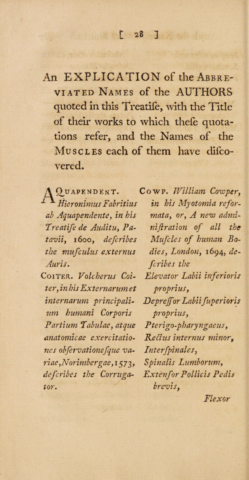 An EXPLICATION of the Abbre¬ viated Names of the AUTHORS quoted in this Treatife, with the Title of their works to which thefe quota¬ tions refer, and the Names of the Muscles each of them have dilco- vercxh Ouapendent. Hieronimus Fabritius ab Aquapendente, in his Treatife de Audit u, Pa- tavii, 1600, defcribes the mujcuius ex ter mis Auris. Co 1 ter. Volcherus Col¬ ter , in his Externarum et internarum principali- urn humani Corporis Partium Tabulae, atque anatomicae exercitatio- lies obfervationefque va- riae ,Norimbergae, 1573, defcribes the Cor ruga- tor. Cowp. William Co-coper, in his Myotomia re for- ?nata, or, A new admi- niftration of all the Mufcles of human Bo¬ dies, London, 1694, de¬ fcribes the Elevator Labii inferioris propriuSy Depreff or Labii fuperioris propriuSy Pie rigo-phary ngae us, ReAus interims minor, Interfpinales, Spinalis Lumborum, Extenf ir Pollicis Pedis brevis, Flexor