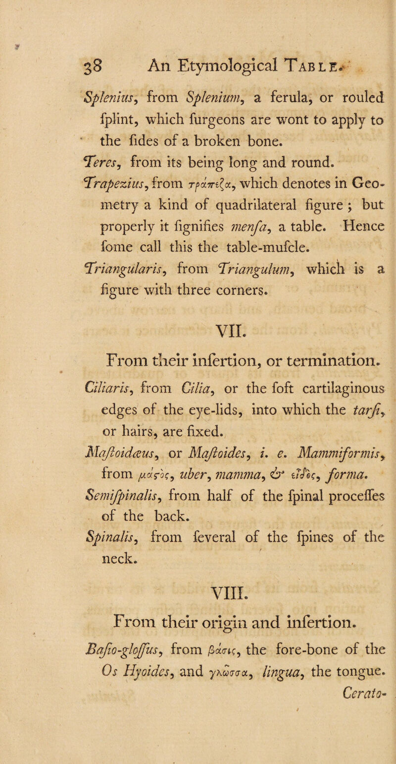 Splenitis, from Splenium, a ferula, or rouled fplint, which furgeons are wont to apply to the Tides of a broken bone. Teres, from its being long and round. Trapezius, from which denotes in Geo» metry a kind of quadrilateral figure ; but properly it fignifies menfa, a table. Hence fome call this the table-mufcle. Triangularis, from Triangulum, which is a figure with three corners. VII. From their infertion, or termination. Ciliaris, from Cilia, or the foft cartilaginous edges of the eye-lids, into which the tarfi, or hairs, are fixed. Mq/loidtfus, or Majloides, A c. Mammformis, from uber, mamma, dr e/Vec, forma, Semifpinalis, from half of the fpinal proceffes of the back. Spinalis, from feveral of the fpines of the r neck. VIII. From their origin and infertion. Bafio-gloffus, from the fore-bone of the Oj Hyoides, and yAcho-a, lingua, the tongue. Cerate*