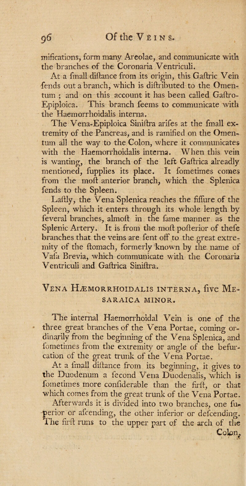 mifications, form many Areolae, and communicate with the branches of the Coronaria Ventriculi. At a fmall diftance from its origin, this Gaftric Vein fends out a branch, which is diftributed to the Omen¬ tum ; and on this account it has been called Gaftro- Epiploica. This branch feems to communicate with the Haemorrhoidalis interna. The Vena-Epiploica Siniftra arifes at the fmall ex¬ tremity of the Pancreas, and is ramified on the Omen¬ tum all the way to the Colon, where it communicates with the Haemorrhoidalis interna. When this vein is wanting, the branch of the left Gaftrica alreadly mentioned, fupplies its place. It fometimes comes from the moft anterior branch, which the Splenica fends to the Spleen. Laftly, the Vena Splenica reaches the fiffure of the Spleen, which it enters through its whole length by feveral branches, almofl in the fame manner as the Splenic Artery. It is from the moft pofterior of thefe branches that the veins are fent off to the o-reat extre- O mity of the ftomach, formerly known by the name of Vafa Brevia, which communicate with the Coronaria Ventriculi and Gaflrica Siniftra. Vena Haemorrhoidalis interna, five Me- SARAICA MINOR. The internal Haemorrhoidal Vein is one of the three great branches of the Vena Portae, coming or¬ dinarily from the beginning of the Vena Splenica, and fometimes from the extremity or angle of the befur- cation of the great trunk of the Vena Portae, At a fmall diftance from its beginning, it gives to the Duodenum a fecond Vena Duodenalis, which is fometimes more confiderable than the firft, or that which comes from the great trunk of the Vena Portae, Afterwards it is divided into two branches, one fu* perior or afcending, the other inferior or descending. The fti'ft runs to the upper part of the arch of the Colon.