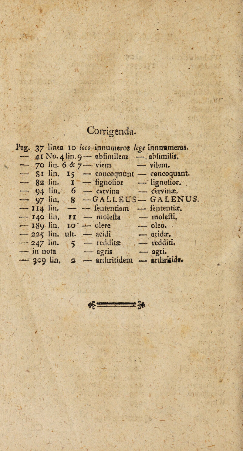 Corrigenda. Pag. 37 litiga io loco innumeros lege innnumeras. — 41 No. 4110.9 — ab fi m ile m - — abfimilis. — yo i in. 6 & 7-— viem — vilem. — 81 lin. 15 — concoquunt — concoquant •— 82 lin. I — fignoiior — lignofior. , — 94 lin/ 6 — cervina •— Cervinte. — 97 lin. 8 — GALLEUS — GALENUS. •— 114 lin. — — fententiam —- lententis. «— 140 lin. II — molefta — rnolelli. — 189 lin. IO' — olere — oleo. —- 225 lin. ult. — acidi — acida?» — 247 lin. 5 — redditae —- redditi. —■ in nota ■ agris / — — 309 lin. & — arthritidem — arthritide.