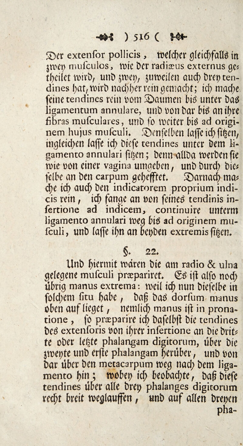 ©er extenfor pollicis , tt>efcf>cv gleichfalls in jtoet) mufcuios, wie bei’ radioeus externus ge* theilct wirb, unb jmet), jumcücn auch brepten- dines hat/wirbnadfhen'cin gemacht; ich niacf;e feine tendines rein »om ©atmten btS unter bas ligamentum annulare, unb 00H bar biS anif)re fibras mufculaies, unb fo weiter biS ad origi- nem hujus mufeuli* ©enfelben (affe \d) ft'hen, ingleidjen (affe ich t)icfc tendines unter betn li* gamento annulari ftßen; beim allba Werben fte wie non einer vagina umgeben/ unb burd) bie* feibe an ben carpum gehefftet. ©arnach rna* d)e icf) auch ben indicatorem proprium indi- cis rein, ich fange an non feines tendinis in- fertione ad indicem, continuire unterm ligamento annulari weg biS ad originem mu- fculi, unb (affe ihn an betjben extremis f?£en. §. 22. Unb hiermit mären bie am radio & ulna gelegene mufeuli praepariref. (£S ift alfo noch übrig manus extrema: weil ich nun t)ierc(be in fo!d;em fitu habe / baf? bas dorfum manus oben auf (ieget, nemlich manus ift in prona- tione , fo praeparire ich bafebbfl bie tendines beS extenforis öon ihrer infertione an biebrit* te ober letzte phalangam digitorum, über bie jmegte unb erfie phalangam herüber, unb oott bar über ben metacarpum weg nad; bem liga¬ mento hin; wobei) ich beobadjte / baf biefe tendines über alle brei) phalanges digitorum recht breit weglauffen, unb auf allen bretjen pha»