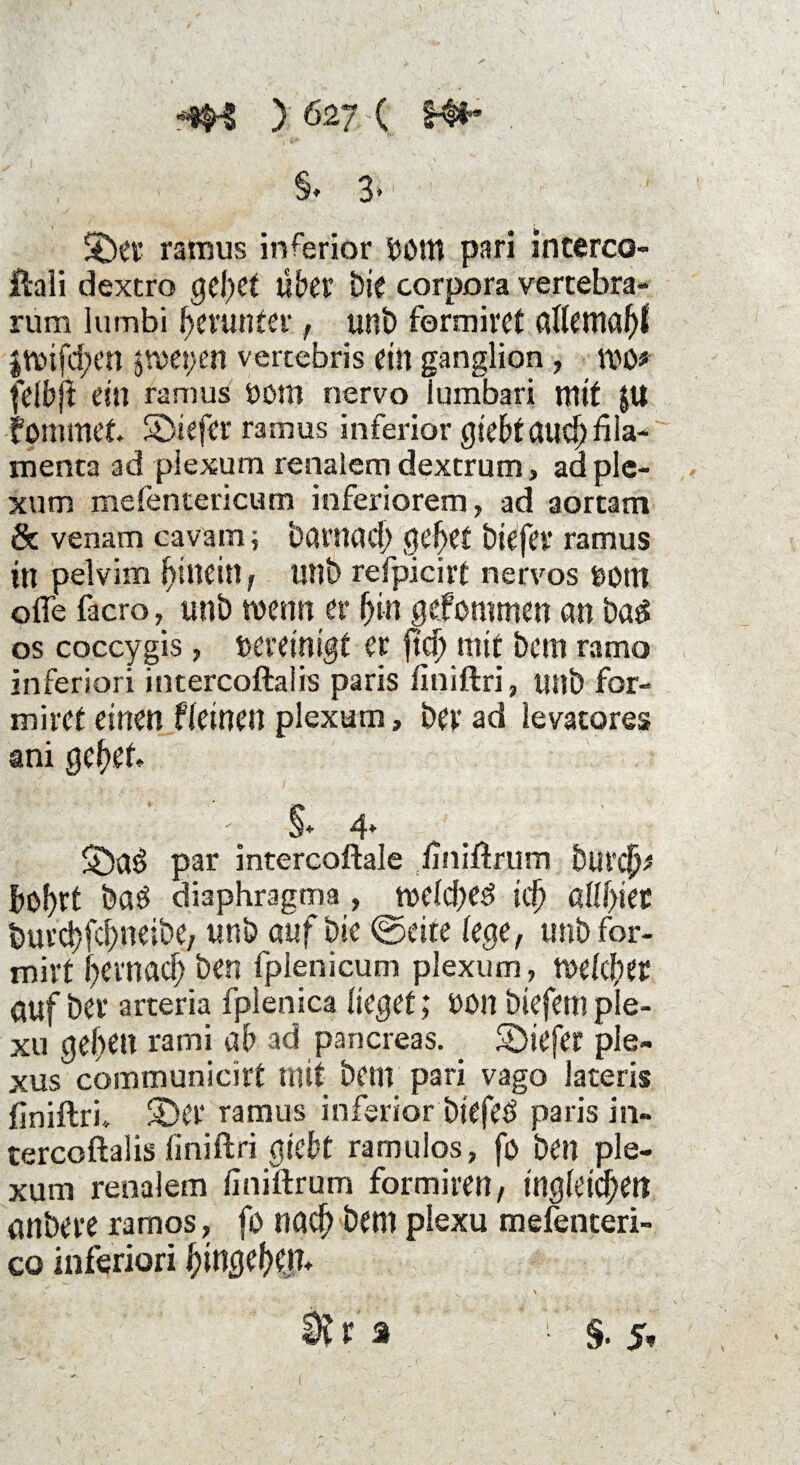 f9H >62/ ( £#* . §. 3*1 SDer ramus inferior bom pari incerco- ftali dextro geltet über Die corpora vertebra- rum lumbi herunter, unt) formiret aHema^ Jtt)tfd?en jweijen vertebris ein ganglion , WO* felbjl ein ramus bom nervo 1 umbari mit JU Tommet ©iefer ramus inferior giebtauci)fila- menta ad piexum renalem dextrum, aa pie¬ xum mefentericum inferiorem, ad aortam & venam cavam; barnaef) gef>et biefev ramus in pelvim hinein, unt) refpiciit nervös bOM ofle facro, unb wenn er fjin gefommen an ba£ os coccygis, bereinigt er ftc^ mir bem ramo inferiori intercoftaiis paris finiftri, unb for- miret einen fieinen piexum, ber ad levatores ani gefief. ■'. §* 4* par intercoftale finiftrum burc|p bof)tt baö diaphragma, wefefies icb affine* burdjfcfmeibe, unb auf bie ©eite (ege, unb for¬ mier üevnacl) ben fplenicum piexum , welcher auf ber arteria fplenica lieget; non btefern ple- xu geben rami ab ad pancreas. 5Diefer ple- xus communicirt mit bem pari vago lateris finiftri. (Der ramus inferior biefeS paris in» tercoftalis finiftri giebt ramulos, fo ben pie¬ xum renalem finiftrum formiren, ingleicbett anbere ramos, fo nach bem plexu mefenteri- co inferiori t)ittßCf)Cp* V ■' • . tS v ' 3 V §• 5* (