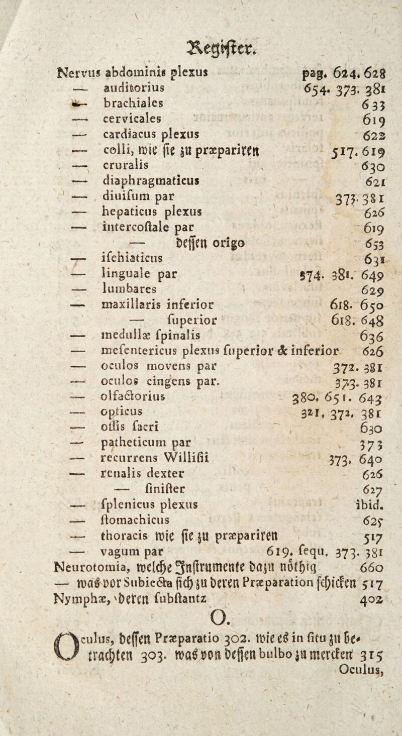 2le§ifiet. Nervus abdominig plexus — audifeorius brachiales cervicales cardiacus plexus colli, mie jle prsparit^n cruralis diaphragtuaticus diuifum par hepaticus plexus intercoflale par — bejfen origo ifchiaticus linguale par lu mbares maxillaris inferior — fupeiior medullae fpinalis pag. 624* 628 ^54- 373. 381 635 619 62s 517. 619 630 621 37?-3*i 626 619 633 631 S74‘ 38«. 649 629 618* 650 618. 648 636 — mefcntericus plexus fuperior Sc inferior 626 oculos movens par oculos cingens par. olfa&orius opticus ollis facri patheticum par recurrens Wiliifit renalis dexter — ifinifter fplenieus plexus 37^- 3*1 3/3* 381 380, 65 c. 643 3*1.372* 38t 630 * 375 373* 640 625 627 ibid. 62s 5l7 — ftomachicus — thoracis wie ftc |U prscparifetl — vagum par 619* fequ, 373. 38* Neurotomia, n>elcf)e 3njimmenfe öaj« tiüf&iij 660 — U)a^ üDrSubie6b(lC^5Ut)a'en Prxparationfc^iifen 517 Nymphx, 'öeVt’tl fubftantz 402 o. Oculus, bcffcit Prxparatio 302. tbie in fitu ju U* trachten 303. »afbon Ocffen bulbo ju ntercfett 315 Oculus,