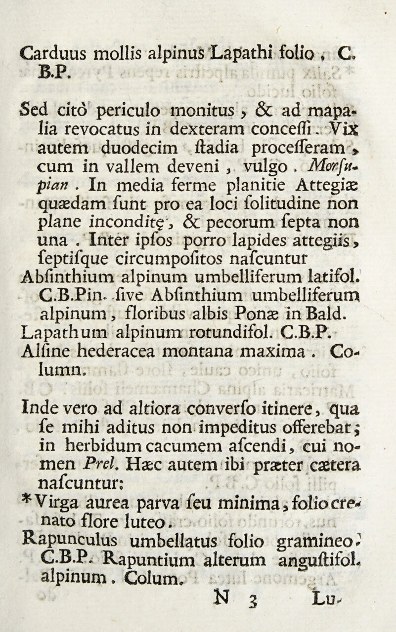 Carduus mollis alpinus Lapathi folio , C. B. P. Sed cito periculo monitus> & ad mapa¬ lia revocatus in dexteram concedi . Vix autem duodecim ftadia procefleram » cum in vallem deveni, vulgo . Morfu. pian . In media fer me planitie Attegiae quaedam funt pro ea loci folitudine non plane incondite , & pecorum fepta non una . Inter ipfos porro lapides attegiis > feptifque circumpofitos nafcuntur Abfinthium alpinum umbelliferum latifol. C. B.Pin. five Abfinthium umbelliferum alpinum, floribus albis Ponae in Bald. Lapathum alpinum rotundifol. C.B.P. Alline hederacea montana maxima . Co- lumn. Inde vero ad altiora converfo itinere, qua fe mihi aditus non impeditus offerebat; in herbidum cacumem afcendi, cui no¬ men Prel. Haec autem ibi praeter caetera nafcuntur: * Virga aurea parva feu minima, folio cre- nato flore luteo. Rapunculus umbellatus folio gramineo* C.B.P. Rapuntium alterum anguftifol. alpinum. Colum. . N 3 Lu*