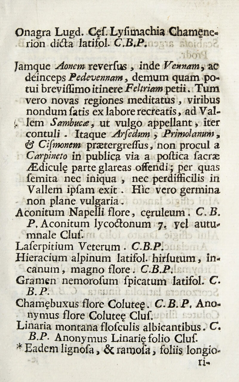 Onagra Lugd. C§f. Lyfimachia Chamene- rion did:a iatifol. C.B.P. >>0'T I Jamque Aonem reverfus> inde Vennam, ac deinceps Pedevennam , demum quam po¬ tui breviffimo itinere Feltriam petii. Tum vero novas regiones meditatus, viribus nondum fatis ex labore recreatis, ad Val- lem Sambuca f ut vulgo appellant» iter contuli - Itaque Arfednm y Primolanum, & Cifmonem prastergreffus, non procul a Carpineto in publica via a poftica facrae iEdicul? parte glareas offendi; per quas femita nec iniqua , nec perdifficilis in Vallem ipfam exit. Hic vero germina non plane vulgaria. Aconitum Napelli flore, c§ruleum. C. B, P, Aconitum lyco&onum 7, vel autu¬ mnale Cluf. Laferpitium Veterum. C.B.P. Hieracium alpinum Iatifol. hirlutum, in¬ canum, magno flore. C.B.P. Gramen nemorofum fpicatum Iatifol. C. B.P. 4 4 Cham§buxus flore Coluteg. C. B. P, Ano- nymus flore Colute? Cluf. Linaria montanaflofculis albicantibus. C. B P• Anonymus Linari§ folio Cluf. * Eadem lignofa, & ramofa, foliis longio- * n-