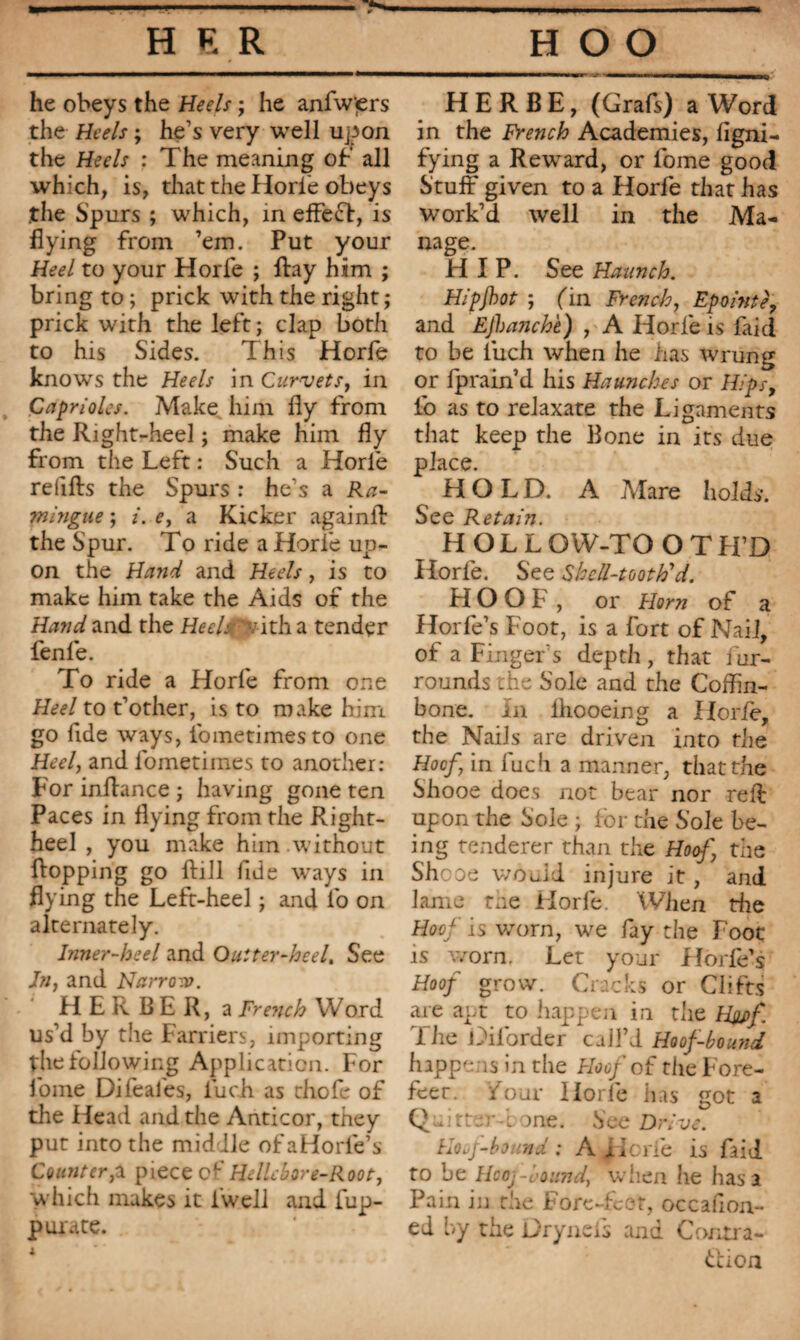 he obeys the Heels ; he anfw'jers the Heels ; he’s very well upon the Heels : The meaning of all which, is, that the Horfe obeys the Spurs ; which, in effeft, is flying from ’em. Put your Heel to your Horfe ; flay him ; bring to ; prick with the right ; prick with the left ; clap both to his Sides. This Horfe knows the Heels in Curvets, in Caprioles. Make him fly from the Right-heel ; make him fly from the Left : Such a Horle refills the Spurs : he’s a Ra- mhigue ; i. e, a Kicker againll the Spur. To ride a Horfe up¬ on the Hand and Heels, is to make him take the Aids of the Hand and the Heelsfae ith a tender fenfe. To ride a Horfe from one Heel to t’other, is to make him go fide ways, fometimesto one Heel, and fometiines to another: For inhance ; having gone ten Paces in flying from the Right- heel , you make him without flopping go ftill fide ways in flying the Left-heel ; and fo on alternately. Inner-heel and Outter-heel. See In, and Narrow. Fl E R B E R, a French Word us’d by the Farriers, importing the following Application. For Lome Difeales, luch as thofe of the Head and the Anticor, they put into the middle ofaHorfe’s Counter,\ piece of Hellebore-Root, which makes it i'well and fup- purate. HERBE, (Grafs) a Word in the French Academies, ligni- fying a Reward, or foine good Stuff given to a Horfe that has work’d well in the Ma¬ nage. HIP. See Haunch. Hipfbot ; (in French, Epointe, and Ejhancht) , A Horfe is Laid to be Rich when he has wrung or fprain’d his Haunches or Hips, fo as to relaxate the Ligaments that keep the Bone in its due place. HOLD. A Mare holds. See Retain. HOLE OW-TO O T H’D Horfe. See Shell-tooth'd. HOOF, or Horn of a Horfe’s Foot, is a fort of Nail, of a Finger's depth , that fur- rounds the Sole and the Coffin- bone. hi ihooeing a Horfe, the Nails are driven into the Hoof.) in fuch a manner, that the Shooe does not bear nor rell upon the Sole ; lor the Sole be¬ ing tenderer than the Hoof \ the Shooe would injure it, and lame the Horfe. When the Hoof is worn, we fay the Foot is worn. Let your Horfe’s Hoof grow. Cracks or Clifts are apt to happen in the Hwf The Disorder call’d Hoof-bou?id happens in the Hoof of the Fore¬ feet. four Horfe has got a Quitter-i one. See Drive. Hoop-bound : A Horle is faid to be Hcoj-bound, when he basa Pain in the Fore-feet, occaflon- ed by the Drynefs and Contra- tlion