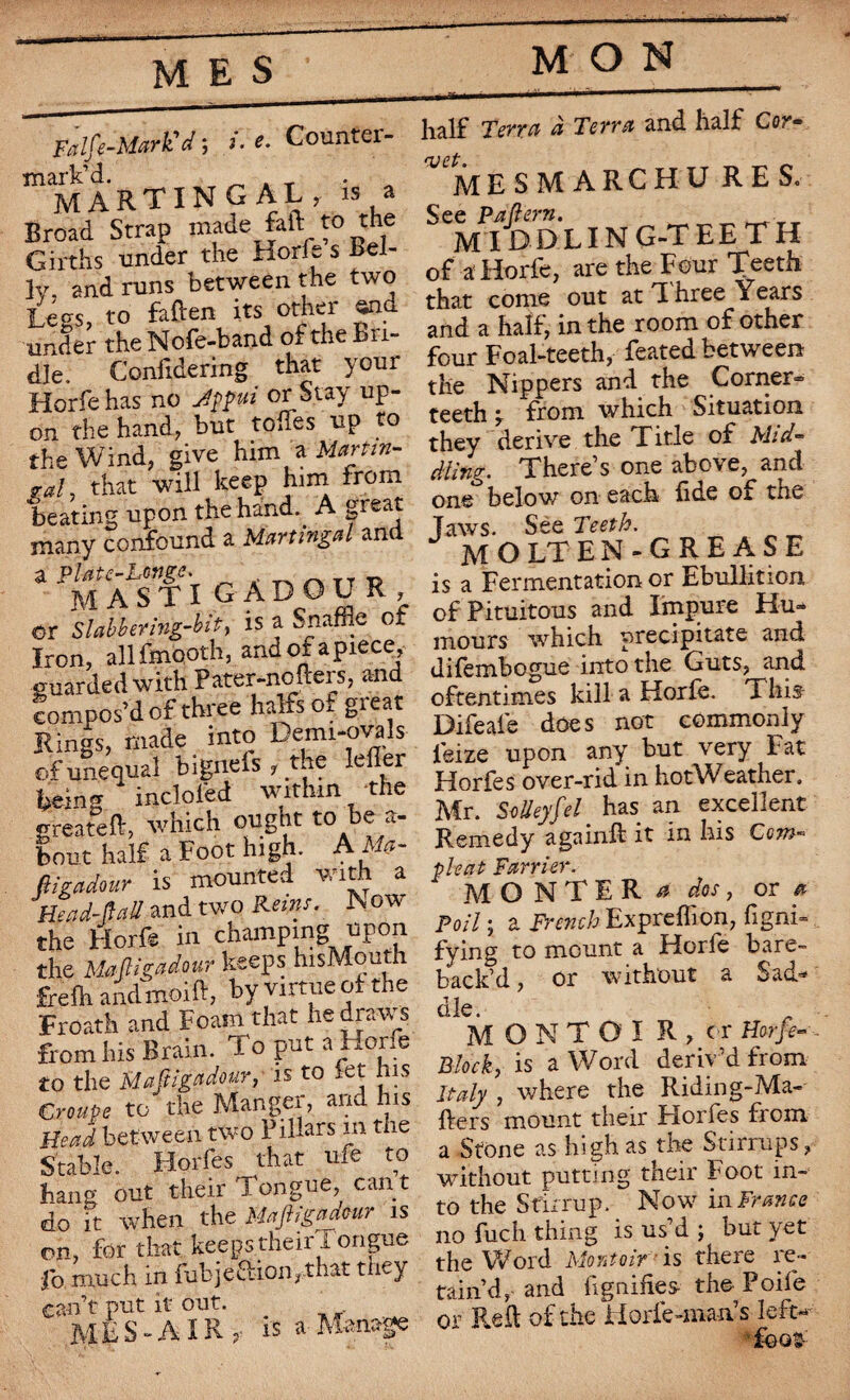 MES mj(-Mark'd ; >■ e. Counter- mark’d. . , MARTINGAL, li a Broad Strap made fait to the Girths under the Horfe s Bel- lv. and runs between the two Legs, to faften its other and under the Nofe-band of the bri¬ dle. Confidering that your Horfe has no Jtfui or Stay up¬ on the hand, but toftes up to the Wind, give him a Martin- ral, that will keep him from beating upon the hand. A great many confound a Martingal and a Platc-Unge. M ASTI GADOUR, or Slabbering-bit, is a -nafiie ot Iron, all fmooth, and of a piece, guarded with Pater-ncfters, and compos’d of three halfsof great Rings, made into Demi-ovals of unequal bigneis the Idler being inclol'ed within the greateft, which ought to e a- bout half a Foot high. A Afo- ftiradour is mounted with a Head-JfaS and two Ret»:, how the Horfe in champing upon the Maftigddaur keeps hisMouth frefli andmoift, by virtue ot the Froath and Foam that he draws from his Brain. To put a-lor.e to the Maftigadour, is to let ms Croupe to the Manger, and is Head between two Pillars m the Stable. Horfes that ufe to bang out their Tongue, cant do it when the Maftigadour is on, for that keeps theirTongue fo much in fub]eftion,>that they ui’t put it out. - ' * ~ • AIR f i s a Manage MON half Terra à Terra and half Cor- ^mesmarchu RES. See Pattern. „ _ _ TT MIDDLING-TEETH of a Horfe, are the Four Teeth that come out at T hree Years and a half, in the room of other four Foal-teeth, feated between tile Nippers and the Corner® teeth y from which Situation they derive the Title of Mid¬ dling- There s one above, and one below on each fide of the Jaws. See Teeth. MOLTEN-GREASE is a Fermentation or Ebullition of Pituitous and Impure Hu¬ mours which precipitate and difembogue into the Guts, and oftentimes kill a Horfe. This Difeaie does not commonly ieize upon any but very Fat Horfes over-rid in hotWeather. Mr. Soüeyftel has an excellent Remedy againft it in his Cam¬ ple at Farrier. MONTER /î dos, or a Poil ; a French Expreflion, figni® fying to mount a Horfe bare- back’d , or without a Sad¬ dle. MONTOÏ R , c r Horfe- Block, is a Word deriv’d from Italy , where the Riding-Ma- fters mount their Horfes from a Stone as high as the Stirrups, without putting their Foot in¬ to the Stirrup. Now in France no fuch thing is us’d ; but yet the Word Moraoir ■ is there re¬ tain’d, and lignifies the Poife or Reft of the Horie-man’s left* ■fbos-: