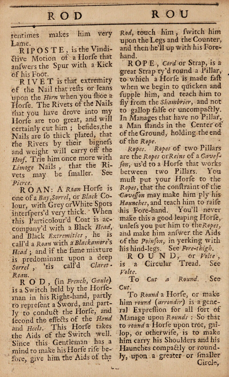 tentimes makes him very Lame. RIPOSTE, is the Vindi¬ ctive Motion of a Horfe that anfwers the Spur with a Kick of his Foot. RIVET is that extremity of the Nail that reRs or leans upon the Horn when you fhoe a Horfe. The Rivets of the Nails that you have drove into my Horfe are too great, and will certainly cut him ; befides,the Nails are fo thick plated, that the Rivets by their bignefs and weight will carry off the Hoof. Trie him once more with Limoge Nails , that the Ri¬ vets may be fmallsr. See Pierce. „ ROAN: A Roan Horfe îs one of a Bay,Sorrel, or Black Co¬ lour, with Grey orWhite Spots interfpers’d very thick. * When this Particolour’d Coat is ac¬ company’d with a Black Heady and Black Extremities , he is call’d a Roan with a Blackamore's Head y and if the fame mixture is predominant upon a deep Sorrel , ’tis call’d Claret* Roan. . R O D , (in French, Gaule y is a Switch held by the Horfe - inan in his Right-hand, partly to reprefent a Sword, and part¬ ly to conduct the Horfe, and fécond the effects of the Hand and Heels. This Horfe taives the Aids of the Switch well. Since this Gentleman has a mind to make his Horfe rife be¬ fore, give him the Aids of the Rod, touch him, fwitch him upon the Legs and the Counter, and then he’ll up With his Fore¬ hand. ROPE, Cord or Strap, is a great Strap ty’d round a Pillar, to which a Hcrfe is made faft when we begin to quicken and fupple him, and teach him to fly from the Shambrier, and not to gallop falfe or uncompaftly. In Manages that have no Pillar, a Man Rands in the Center'of of the Ground, holding the end of the Rope. Ropes. Ropes of two Pillars are the Ropes or Reins of a Cavefi fin, us’d to a Horfe that works between two Pillars. You muR put your Horfe to the Ropes, that the conflraint of the Ga<vejfon may make him ply his Haunches, and teach him to raife his Fore-hand. You’ll never make this a good leaping Horfe,- unlefs you put him to theRopes, and make him anfwer the Aids of the Poinfin, in yerking with his hind-legs. See Fore~thigh. R O if N D,^ or Volte , is a Circular Tread. See Volte. To Cut a Round., „ See Cut. To Round a Horfe, or make him round (arrondir) is a gene¬ ra] Expreflion for all fort of Manage upon Rounds : So that to rbund a Horfe upon trot, gal¬ lop, or otherwife, is to make him carry his Shoulders and his Haunches compactly or round¬ ly, upon a greater or fmaller