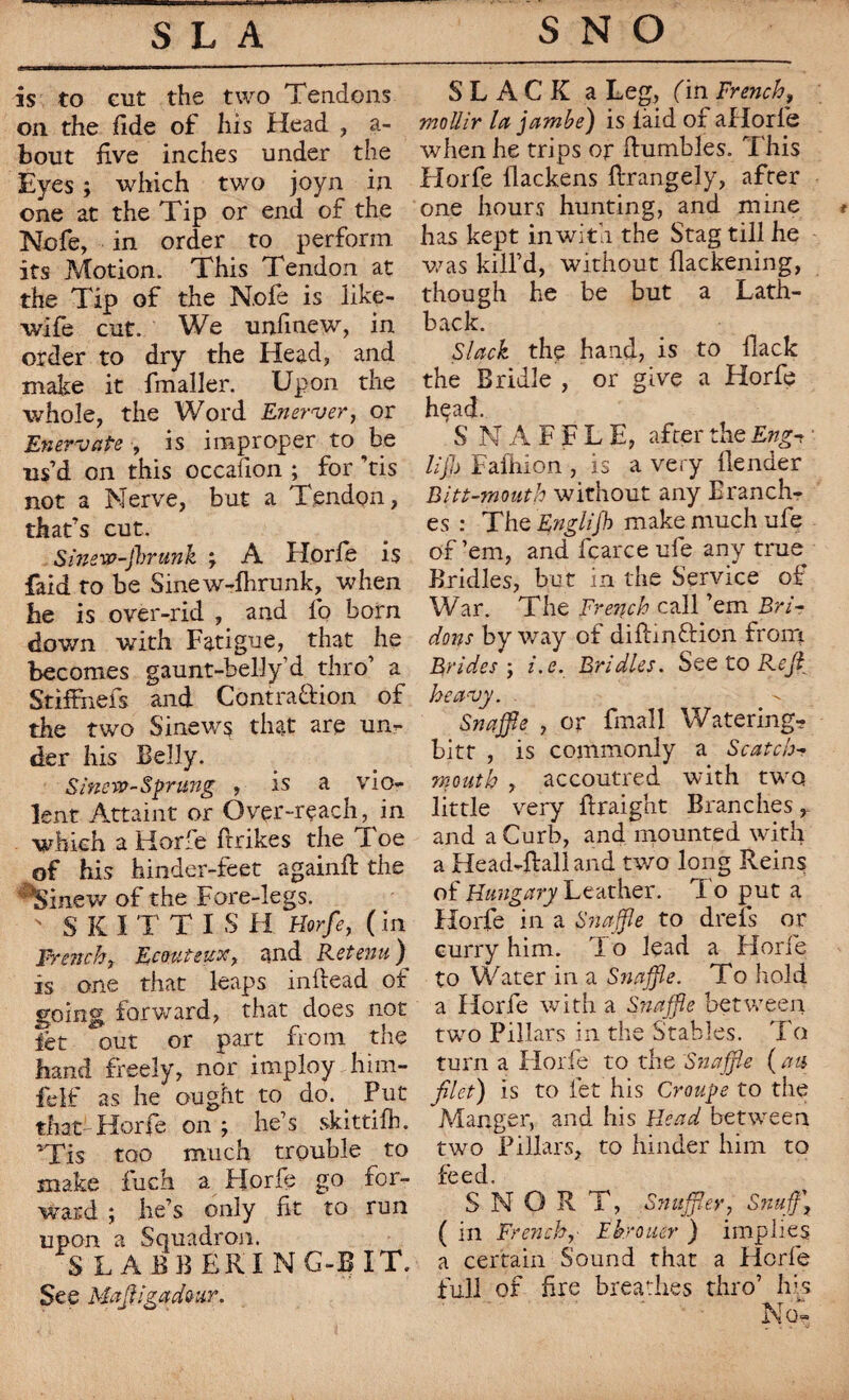 is to eut the two Tendons on the fide of his Head , a- bout five inches under the Eyes ; which two joyn in one at the Tip or end of the Nofe, in order to perform its Motion. This Tendon at the Tip of the N.ofe is like- wife cut. We unfinew, in order to dry the Head, and make it fmaller. Upon the whole, the Word Enerver, or Enervate , is improper to be us’d on this occafion ; for ’tis not a Nerve, but a Tendon, that’s cut. Smew-fhrunk \ A florfe is faid ro be Sinew-fhrunk, when be is over-rid , and fo bom down with Fatigue, that he becomes gaunt-belly’d thro’ a Stiffnefs and Contra&ion of the two Sinews that are un¬ der his Belly. Sinevo-Sprung , is a vio¬ lent Attaint or Over-reach, in which a Horfe ftrikes the Toe of his hinder-feet againft the ^Sinew of the Fore-legs. ' SKITTISH Horfe, (in French, Ecmteux, and Retenu ) is one that leaps infiead of going forward, that does not fiet out or part nom the hand freely, nor imploy Him- felf as he ought to do. Put that Horfe on ; he’s skittifh. Mis too much trouble to make fuch a Horfe go for¬ ward ; he’s only fit to run upon a Squadron. SLABBLRING-BIT. See MaJilgadour. SLACK a Leg, (in French, mollir la jambe) is laid of aHorfe when he trips or Bumbles. This Horfe flackens Brangely, after one hours hunting, and mine ? has kept in with the Stag till he was kill’d, without flackening, though he be but a Lath- back. Slack the hand, is to flack the Bridle , or give a Horfe head. S N A F F L E, after the Engt ■ lijl) Fafhion , is a very Bender Bitt-mouth without any Branch¬ es : The Englijh make much ufe of’em, and fcarce ufe any true Bridles, but in the Service of War. The French call ’em Bri¬ dons byway of difim&ion from Brides', i.e. Bridles. See to Reffl heavy. Snaffle , or fmall Watering- bitt , is commonly a Scatch- mouth , accoutred with two little very firaight Branches, and a Curb, and mounted with a Head-Ball and two long Reins; of Hungary Leather. To put a Horfe in a Snaffle to drefs or curry him. T o lead a Horfe to Water in a Snaffle. To hold a Horfe with a Snaffle between two Pillars in the Stables. To turn a Horfe to the Snaffle ( an filet) is to let his Croupe to the Manger, and his Head between two Pillars, to hinder him to feed. SNORT, Snuffler, Snuff\ ( in French,• Ebrouer ) implies a certain Sound that a Horfe full of fire breathes thro’ his No;