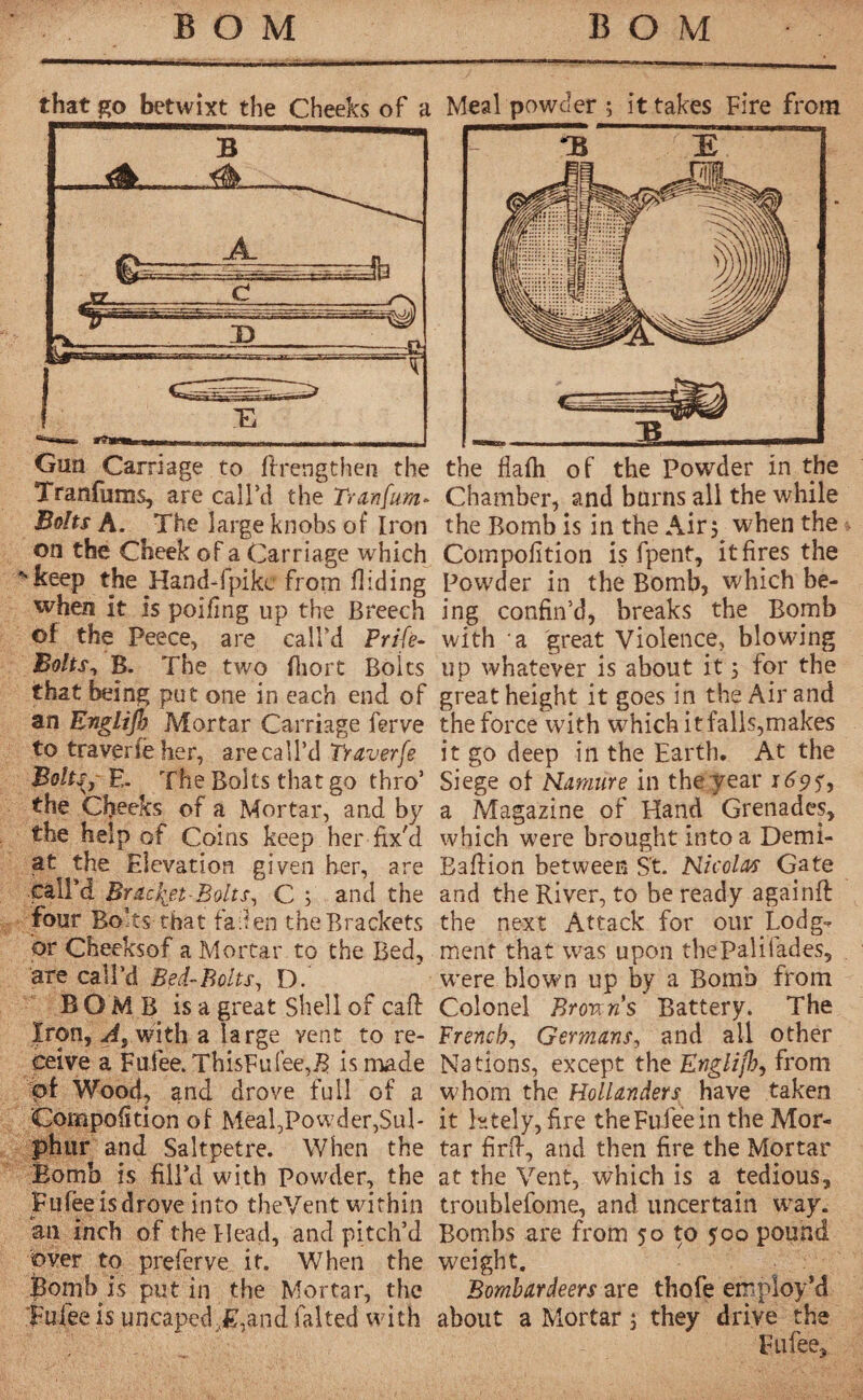 BOM BOM that go betwixt the Cheeks of a A B arv_ A. _n - ---i —r jz-—- c —o* - X> ——0- 1 g-—--s :rrrrr -——* Gun Carriage to ftrengthen the Tranfums, are call’d the Tranfum» Bolts A. ^ The large knobs of Iron on the Cheek of a Carriage which ''keep the Hand-fpikc from Hiding when it is polling up the Breech of the Peece, are call’d Pride- Bolts, B. The two fhort Boits that being put one in each end of an Englijl) Mortar Carriage ferve to traverfë her, are call’d Traverfe Bolts,- E. The Bolts that go thro’ the Cheeks of a Mortar, and by the help of Coins keep her fix'd at the Elevation given her, are call’d. Bracket-Bolts, C ; and the four Bolts that fallen the Brackets or Cheeksof a Mortar to the Bed, are call’d Bed-Bolts, D. BOMB is a great Shell of call: Iron, A, with a large vent to re¬ ceive a Fufee. ThisFufee,B is made of Wood, and drove full of a Compolition of Meal,Powder,Sul¬ phur and Saltpetre. When the Bomb is fill’d with Powder, the Fufee is drove into theVent within an inch of the Head, and pitch’d over to preferve it. When the Bomb is put in the Mortar, the Fufee is uncaped,£,and falted with Meal powder ; it takes Fire from the fiafh of the Powder in the Chamber, and burns all the while the Bomb is in the Air 5^ when the Compolition is fpent, it fires the Powder in the Bomb, which be¬ ing confin’d, breaks the Bomb with a great Violence, blowing up whatever is about it 5 for the great height it goes in the Air and the force with which it falls,makes it go deep in the Earth. At the Siege of Namure in the year 169$, a Magazine of Hand Grenades, which were brought into a Demi- Bafiion between S't. Nicolas Gate and the River, to be ready againft the next Attack for ouiyLodg- ment that was upon thePalilades, were blown up by a Bomb from Colonel Bronns Battery. The French, Germans, and all other Nations, except the Englijl), from whom the Hollanders have taken it htely, fire the Fufee in the Mor¬ tar firfi, and then fire the Mortar at the Vent, which is a tedious, troublefome, and uncertain way. Bombs are from 50 to joo pound weight. Bombardeers are thofe employ’d about a Mortar, they drive the Fufee,