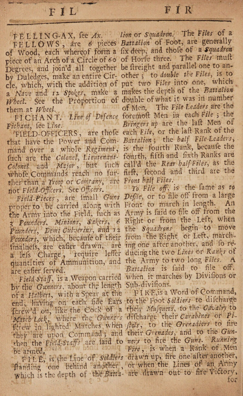 FIR FIL F ELLÎN G-A X, fee Ax. FELLOWS, are 6 pieces of Wood, each whereof form a piece of an Arch of a Circle of 6o Degrees, and join’d all together by Duledges, make an entire Cir¬ cle, which, with the addition of a Have and iz Spores, make a Wheel. See the Proportion of them at Wheel. FI C H ANT. Une1 of Defence Fichant, fee Line. •FIELD-OFFICERS, are thofe that have the Power and Com¬ mand over a whole Regiment, Inch are the Colonel, Lieutenant- Colonel: and Major, hilt fuch whofe.Commands reach no far¬ ther than a Troop or Comtany, are not FieUl-Offcers. See Officer*. Field-Pieces, are irnali Guns proper to be carried along with the Army into the Field, fuch as j Pounders, Minions, Sapps, 6 Founders, Demi Culver ins, and i i Pounders, which, becauie of their imalnels, are eafier drawn, arè a lefs Charge, require leffer quantities of Ammunition, and are eafier ferved. Field-Staffis a Weapon carried bv the Gunners, about th? length of a Halbert, with a Spear at the end, having- on each dele Eats ferevv’d on, like the Cock oi a ' 'Match Locp, where the Gunnels Drew in lighted Matches when they are upon Command ; and •then the FfelffStaffs are, laid to be armed, FILE, is,|be Line of Soldiers jianding one behind another which is the depth of the lion or Squadron. The Files of a Battalion of Foot, are generally fix deep, and thofe of a Squadron of Horfe three. The Files muft be fireight and parallel one to an¬ other , to double the Files, is to put two Files into one, which makes the depth of the Battalion double of what it was in number of Men. The File Leaders are the foremoft Men in each File , the Bringers up are the laft Men of each File, or the laft Rank of the Battalion ; the half File-Leaders, - is the fourth Rank, becauie the fourth, fifth and fixth Ranks are call’d the Rear half Files, as the fir ft, fécond and third are the Front half Files. To File off\ is the fame as to Defile, or to'file oft from a large Front to march in length. An Army is faid to file off from the Right or from the Left, when the Squadrons begin to move from the Right or Left, match¬ ing one after another, and fo re¬ ducing the two Lines or Ranps ot the Army to two long Files. f\ Battalion is faid to file oft, when it marches by Divifions or Sub-divifions. F I R E,is a Word of Command, to. the Foot Soldiers tc difeharge their' Mufquets, to the Cavalry to difeharge their Carabines or Pi- fids, to the Grenadiers' to fire their Grenades, and to the Gun¬ ners to fire the Guns. Running Fire, is when a Rank of Men drawn up, fire one: after another, or when the Lines of an Army are drawn out to fire Victory, P.r.