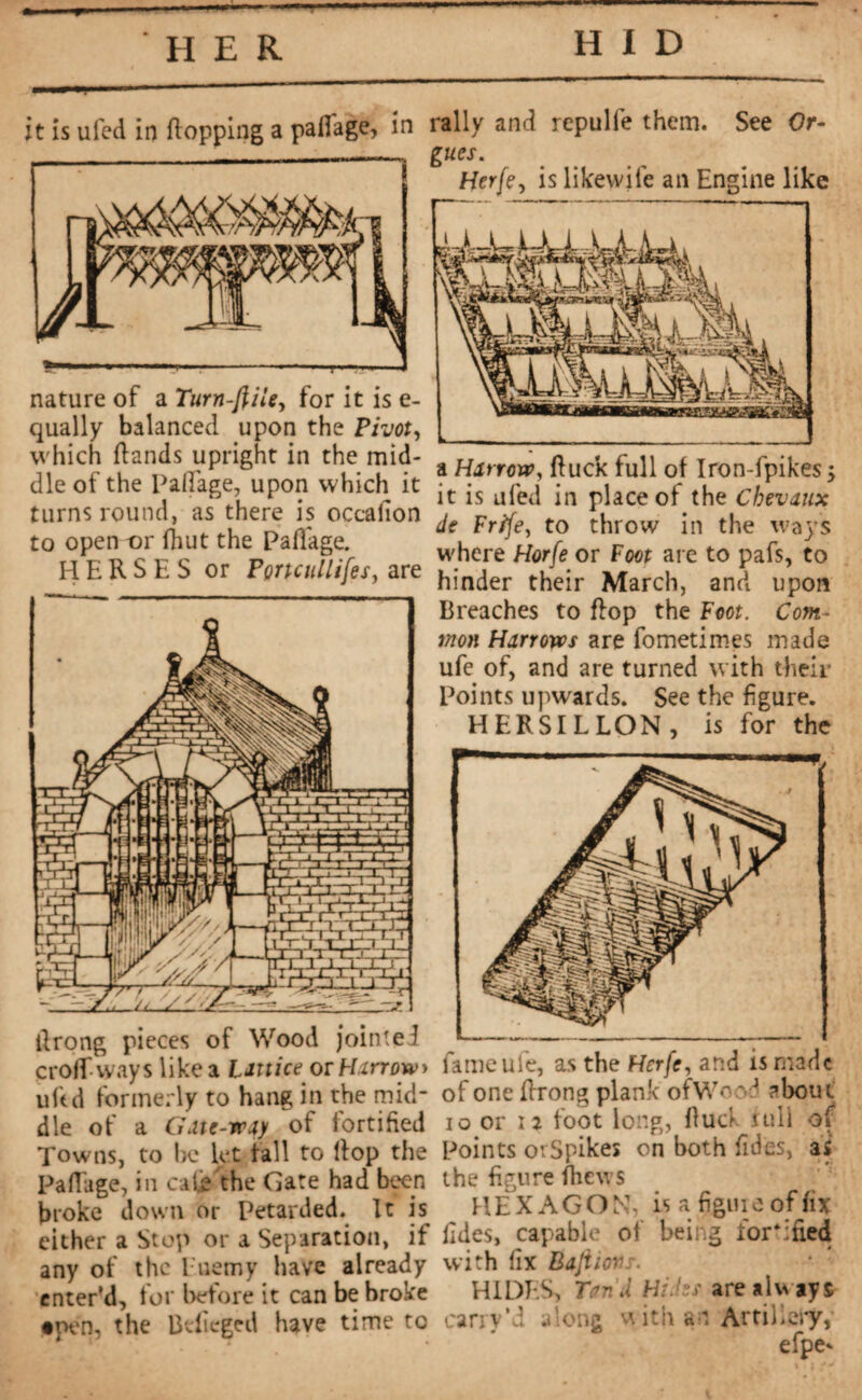 it is ufed in flopping a palTage, in rally and repulfe them. See Or- gues. Herfe, is like wife an Engine like nature of a Turn-fiile, for it is e- qually balanced upon the Pivot, which Rands upright in the mid¬ dle of the Padage, upon which it turns round, as there is occafion to open or fhut the Paflage. HERSES or Poncullifes, are a Harrow, Ruck full of Iron-fpikes ; it is ufed in place of the Chevaux de Frife, to throw in the ways where Horfe or Foot are to pafs, to hinder their March, and upon Breaches to flop the Foot. Com¬ mon Harrows are fometimes made ufe of, and are turned with their Points upwards. See the figure. HERSILLON, is for the Rrong pieces of Wood jointed crolfways like a lattice or Harrow> uftd formerly to hang in the mid¬ dle of a Gate-way of fortified Towns, to !>e let fall to Hop the Pa R age, in cate the Gate had been broke down or Petarded. It is either a Stop or a Separation, if any of the Enemy have already enter'd, for before it can be broke •pen, the Bdieged have time to fame ufe, as the Hcrfe, and is made of one fdrong plank ofWood ?boui io or i 2 foot long, Rue full of Points orSpikes on both fides, as the figure fhews HEXAGON, ls a fig me of fix fides, capable of being for*;fied with fix Baftions. HIDES, Tend Hides are always carry’d alone with an Artillery,' cfpe<