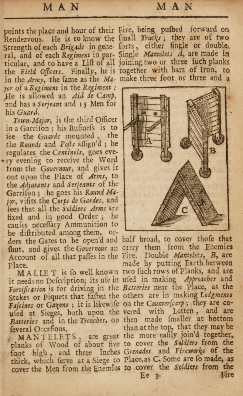 MAN MAN points the place and hour of their Fire, being puflied forward on Rendezvous. He is to know the fmall Trucks 3 they are of two Strength of each Brigade in gene- forts, either Angle or double, ral, and of each Regiment in par* Single Mantelets Aj are made in ticular, and to have a Lift of all joining two or three fuch planks the Field Officers. Finally, he is together with bars of Iron, to in the Army, the fame as the Ma- make three foot or three and a jor of a Regiment in the Regiment : He is allowed an Aid de Camp, and has a Serjeant and 1 f Men for his Guard. Town-Major, is the third Officer in aGarrilon 3 his Bufinefs is to fee the Guards mounted , the the Rounds and Pojfs aflfign’d ; he regulates the Centinelsy goes eve- *ry evening to receive the Word from the Governour, and gives it out upon the Place of Arms, to the Adjutants and Serjeants of the Garrifon 5 he goes his Round Ma¬ jor, vifits the Corps de Gardes, and fees that all the Soldiers Arms are fixed and in good Order 3 he caufes neceflary Ammunition to be diftributed among them, or- ders the Gates to be open’d and half broad, to cover thole that (hut, and gives the Governour an carry them from the Enemies Account of all that paftes in the Fire. Double Manteletj, By are place. made by putting Earth between M A LLE T is fo well known two fuch rows of Planks, and are it needs no Defcription; its ufe in ufed in making Approaches and Fortification is for driving in the Batteries near the Place, as the Stakes or Piquets that faften the others are in making Lodgments Fafcines or Gayms 3 it is likewife on the Counter [carp 5 they are co* uled at Sieges, both upon the vered with Letten , ajid are Batteries and in the Trenches, on then made fmaller at bottom feveral Occasions, than at the top, that they maybe MANTELETS, are great the more eafily join’d together, planks of Wood of about five to cover the Soldiers from the fqot high , and three inches Grenades and Fireworks of the thick, which ierve at a Siege to Place,as C. Some are fo made, as cover the Men from the Enemies to cover the Soldiers from the Ee y Fire