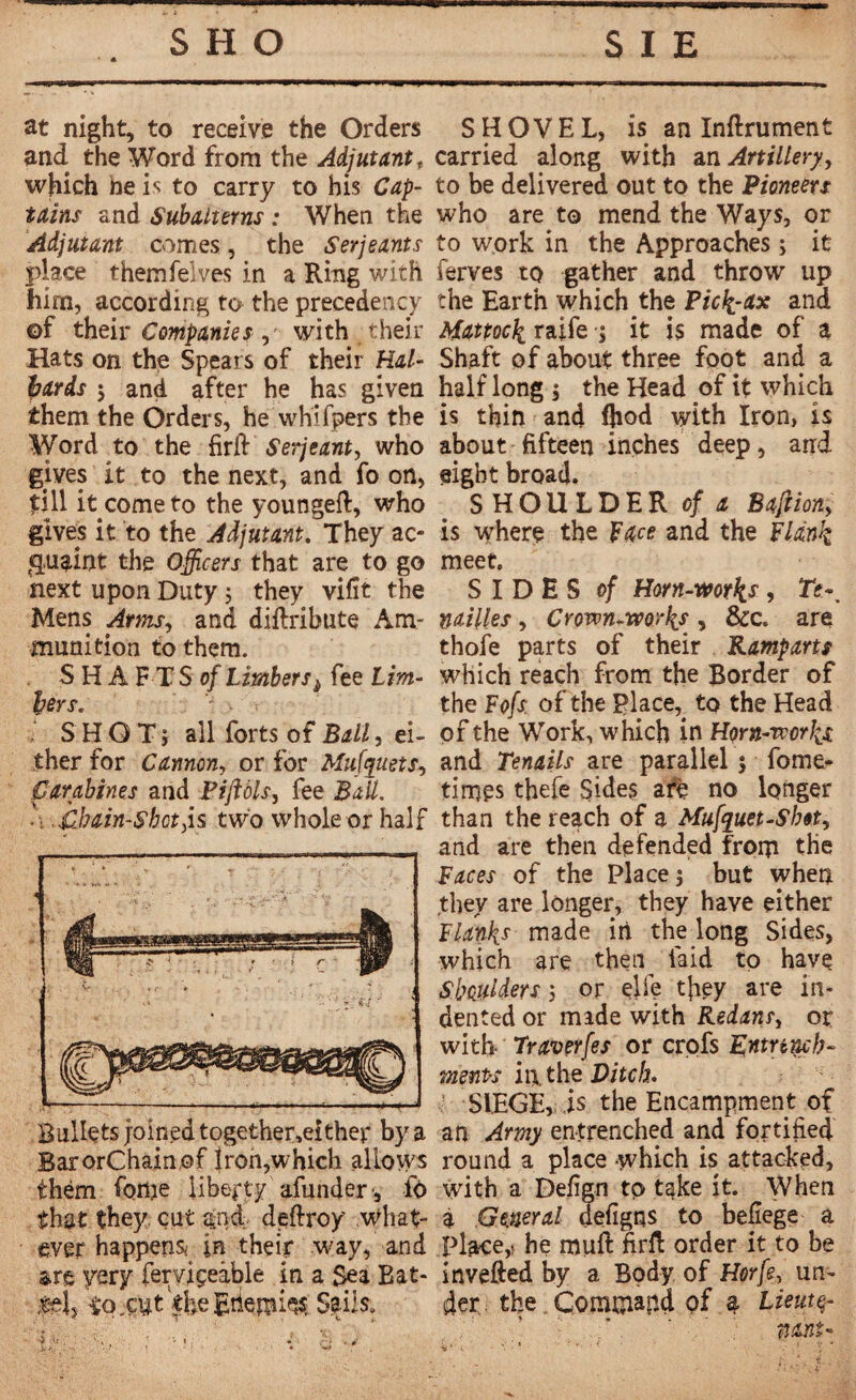 at night, to receive the Orders SHOVEL, is an Infiniment and the Word from the Adjutant,carried along with an Artillery, which he is to carry to his Cap- to be delivered out to the Pioneers tains and Subalterns : When the who are to mend the Ways, or Adjutant comes , the Serjeants to work in the Approaches ; it place themfelves in a Ring with ferves to gather and throw up him, according to the precedency the Earth which the Pic^-ax and of their Companies, with their Mattock raife ; it is made of a Hats on the Spears of their Hal- Shaft of about three foot and a bards 5 and after he has given half long 5 the Head of it which them the Orders, he whifpers the is thin and fhod with Iron, is Word to the fir ft Serjeant, who about fifteen inches deep, and gives it to the next, and fo on, eight broad, till it come to the youngeft, who SHOULDER of a Baft ion, gives it to the Adjutant. They ac- is where the face and the Flank «quaint the Officers that are to go meet, next upon Duty ; they vifit the SIDES of Horn-works > Mens Arms, and diftribute Am- nailles, Crown-works , &c. are munition to them. thofe parts of their Ramparts . S H A F TS of timbers, fee Urn- which reach from the Border of fars. the Fofs of the place,^ to the Head * SHOT; all forts of Ball, ei- of the Work, which in Horn-works ther for Cannon, or for Mufauets, and Tenails are parallel $ fome- Carabines and Piftols, fee Ball. times thefe Sides arë no longer \ Chain-shot,is two whole or half than the reach of a Mufquet-Shot, and are then defended from the Faces of the Place j but when they are longer, they have either Flanks made in the long Sides, which are then laid to have Shoulders 5 or eliç t}iey are in¬ dented or made with Redans, ov with traverfes or crofs Entrench¬ ments in. the Ditch. SIEGE,; is the Encampment of Bullets joined together,either by a an Amy entrenched and fortified BarorChain,of Iron,which allows round a place which is attacked, them foiije liberty afunder-, fp with a Defign tp take it. When that they, cut grid, deftroy What- à General defigqs to befiege a ever happens in their way, and place,! he rauft firft order it to be are yery ferviçeâble in a $ea Bat- invefted by a Body of Horfe, un- $eL 'iQjÇttt iheRtiemi^ Sails. der the Command of g Lieutç- : . ., •.v ‘ ' nm- f , • 1 «* - * ■ , v * 1 •; , * -