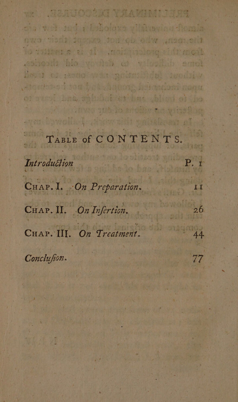 Le + ue ee oe + mt é : . &amp; . | / a ~— 7 \ * …/ à ” pr TABLE of C ON TEN T Wey à Introduttion sags ai ee + Cuar.L On Preparation. | : : ‘ni * eee Il. On Infertion. tats : | 26 Cuar. III. iby yee pare rile. 44 Conclufion. : os 17?