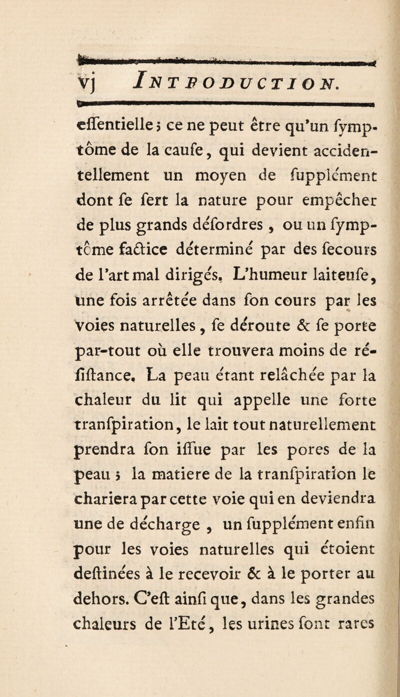 vj IN T F O DU CT J O N. effentielle > ce ne peut être qu’un fymp- tome de la caufe, qui devient acciden¬ tellement un moyen de fupplement dont fe fert la nature pour empêcher de plus grands défordres, ou un fymp- terne fa&ice déterminé par des fecours de l’artmal dirigés, L’humeur laiteufe, une fois arrêtée dans fon cours par ies Voies naturelles, fe déroute & fe porte par-tout où elle trouvera moins de ré- fiftance, La peau étant relâchée par la chaleur du lit qui appelle une forte tranfpiration, le lait tout naturellement prendra fon iffue par les pores de la peau 5 la matière de la tranfpiration le chariera par cette voie qui en deviendra une de décharge , un fùpplément enfin pour les voies naturelles qui étoient deftinées à le recevoir & à le porter au dehors. C’efl: ainfi que, dans les grandes chaleurs de l’Eté, les urines font rares