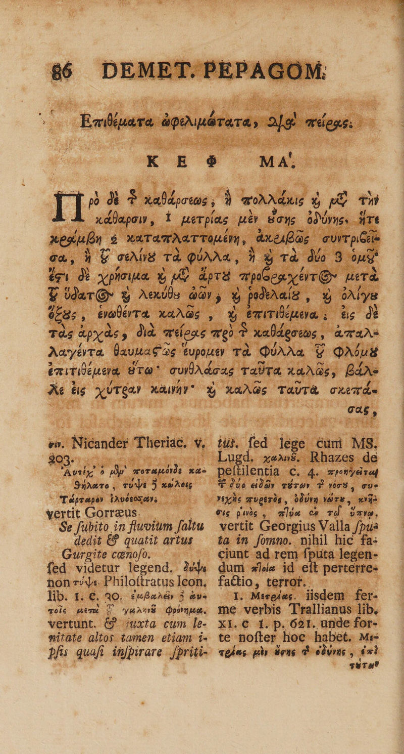 Eciuara épeupáTara, 2j9! «pus K E 6$ M A'. II^: Ji $ xalMgesos à oA dug Y no t x datei , i uerpias uer dow 03 Uynes Eu iier es D XATATTAAT TAE, ; axes suvrpGiie nv sis TÀ Áo D n 3 Td, dvo 3 9 ou. i P xphouna. E M áprü aieesdir Gr | AL V War» u Xals 9à $ pedenaia , Y SA fya efus , eratérra, xis : Y Sein idda t ; &amp;s dé TÀs &amp;pyds , dii ions Tg) xaDientts , | ARAS Aaryérca dau € ag £Upouey Td QUAAa. $9 QAH emitter, 8T murus. TaUTa xoa, Bán Xe és AX UT ea? X4YAY * e. / Niésndei Theriac. M 403. j Avr : 37 gerant xa. - 9yTO , T 3 j xe Aeg Téprapér IAv6sox dy; yertit Gorraus. Se fubito in fluoium faltu dedit &amp; quatit artus . Gurgite cainofo. fed. videtur legend. 3vj4 non v Philoftratus Icon, lib. 1. €. ao. 6H Bai 5 UE qois gemé T yu Qoornpae. vertunt. (69 iuxta cum le- mitate altos. tamen etiam i- Df quafi infpirare .priti- cas E iüf. fed lege éumi MS. Lugd. xe». Rhazes de ? igo eiddy vÉTW» T Yórs, eue yis aveeris , dim TE, Li €ig pnàg , mium c» Ó. UTYA. vertit Georgius Valla fus ta in fomno. nihil hic fa: ciunt ad rem fputa legen- dum aie id eít perterre« factio, terror. I. Mergjes. iisdem fer- me verbis Trallianus lib, X1.€ 1. p. 621. unde for- te nofter hoc habet. Mi «gées py dong di edis , dul T9 TA