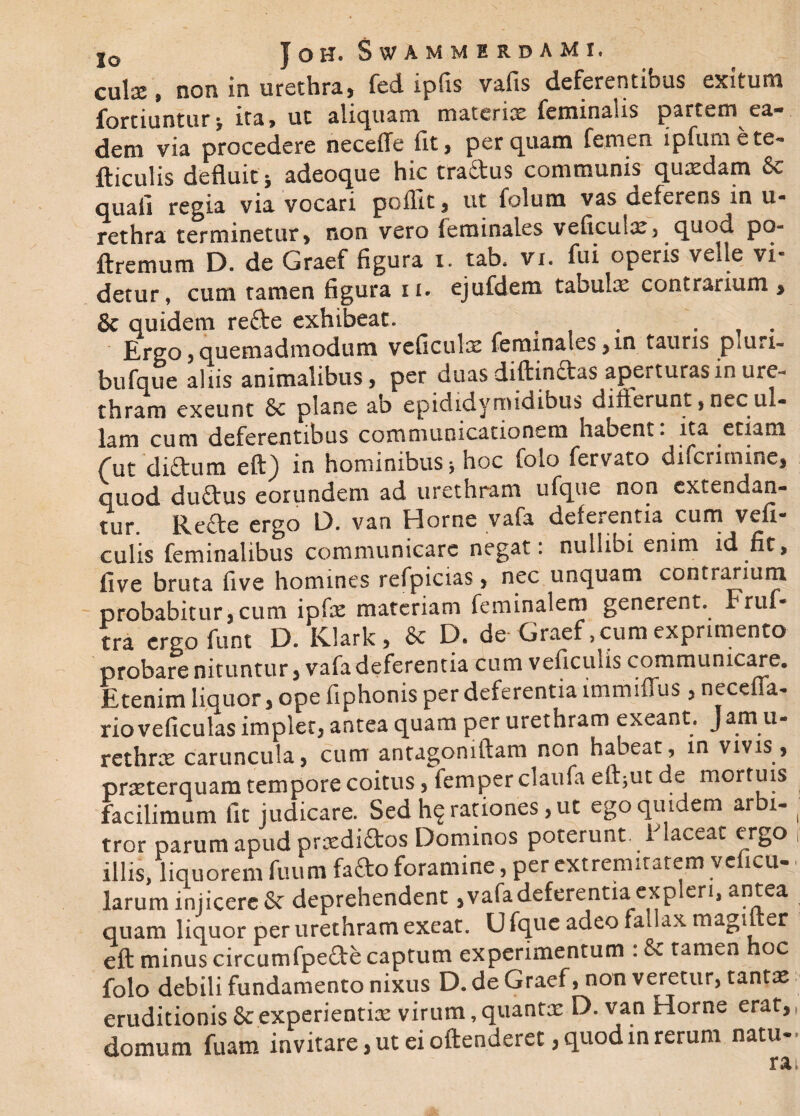 cula», non in urethra, fed ipfis vafis deferentibus exitum fortiuntur* ita, ut aliquam materiae feminalis partem ea¬ dem via procedere neceffe fit^ perquam femen ipfunxete- fticulis defluit 5 adeoque hic traftus communis quaedam & quali regia via vocari pofllt» ut folum vas aeferens in u- rethra terminetur» non vero feminales veficulae, quod po- ftremum D. de Graef figura i. tab. vi. fui operis velle vi¬ detur, cum tamen figura ii. ejufdem tabulx contrarium* 8c quidem refte exhibeat. . . £rgo 3 quemadmodum vcficulx feminales »in tauris pmri- bufque aliis animalibus, per duas diftindtas aperturas m ure¬ thram exeunt & plane ab epididymidibus difterunt, nec ul¬ lam cum deferentibus communicationem habent, ita etiam Ait diftum eft) in hominibus ^ hoc folo fervato difciimine» quod duftus eorundem ad urethram ufque non extendan¬ tur. Re£te ergo D. van Horne vafa deferentia cum vefi- culis feminalibus communicare negat, nullibi enim id fit, five bruta five homines refpicias» nec unquam contrarium probabitur j cum ipfae materiam feminalem generent. Fruf* tra ergofunt D. Klark, & D. de Graef> cum expnmento probare nituntur , vafa deferentia cum veficuns communicare. Etenim liquor» ope fiphonis per deferentia lmmifFus»neceffa- rioveficulas implet» antea quam per urethram exeant. Jam u- rethree caruncula» cum antagomftam non habeat, in vivis» praeterquam tempore coitus» femper claufa efljUt de mortuis facilimum fit judicare. Sed hiationes, ut ego quidem arbi- ( tror parum apud prxdiftos Dominos poterunt. Flaceat ergo illis, liquorem fuum fafto foramine, per extremitatem vcficu- larum injicere &r deprehendent »vafadeferentia exp eri, antea quam liquor per urethram exeat. U fque adeo fallax maguter eft minus circumfpe£te captum experimentum : tamen hoc folo debili fundamento nixus D. de Graef, non veretur, tantae eruditionis & experientiae virum, quantae D. van Horne erat,, domum fuam invitare, ut ei offenderet, quod in rerum natu-