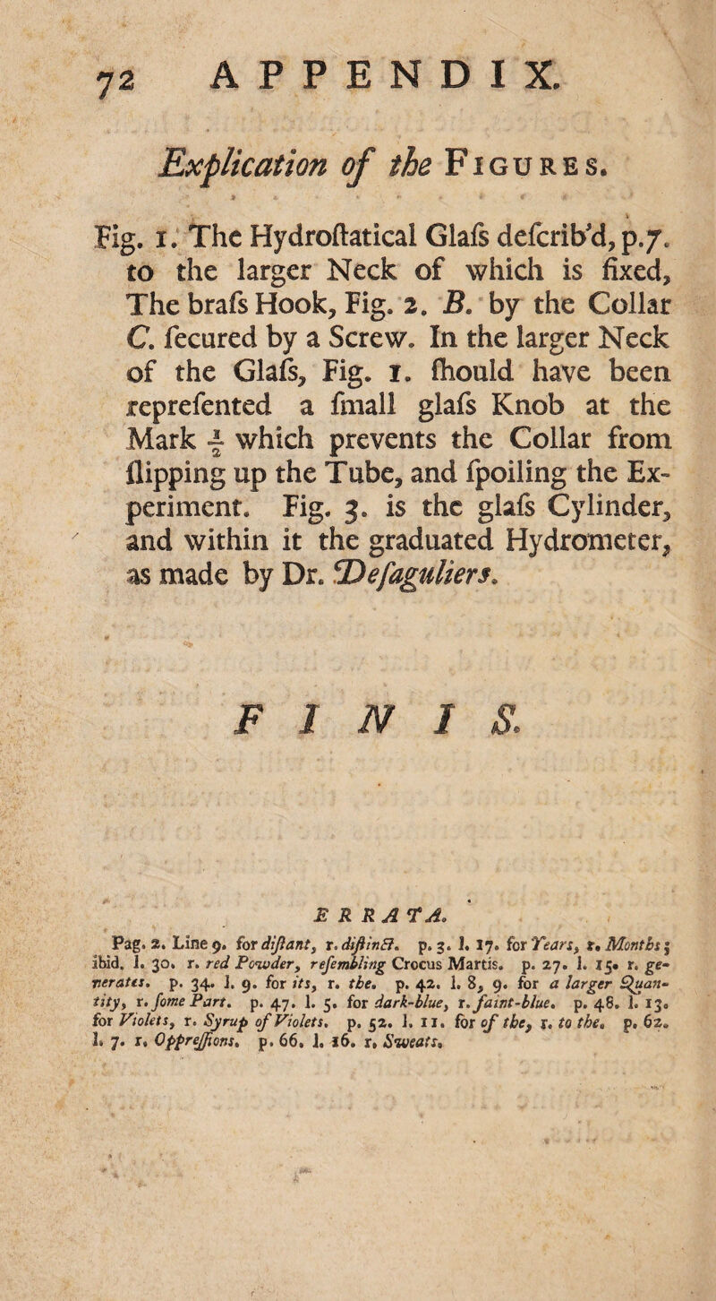 Explication of the Figures. * » * * » * * «’ * -• * Kg. I. The Hydroftatical Glafs deferib'd, p./. to the larger Neck of which is fixed. The brafs Hook, Fig. 2. B. by the Collar C. fecured by a Screw'. In the larger Neck of the Glafs, Fig. i. fhould have been reprefented a finall glafs Knob at the Mark f which prevents the Collar from flipping up the Tube, and fpoiling the Ex¬ periment. Fig. 3. is the glafs Cylinder, and within it the graduated Hydrometer, as made by Dr. cDefaguliers> ¥ < > . ‘ f F 1 N 1 $. E R R A VAo Pag. 2. Line 9. for dijlant, r, diflinB. p. 3. 1. 17. for Years, t. Months j ibid. 1. 30. r. red Powder, refembling Crocus Martis. p. 27. 1. 15. r. ge¬ nerates. p. 34. J, g. for its, r. the. p. 42. 1. 8, 9. for a larger Quan¬ tity, r. fomePart. p. 47. 1. 5, for dark-blue, r. faint-blue. p. 48. 1. 13. for Violets, r. Syrup of Violets, p. 52. 1. II. for of the, r. to the, p, 62. !» 7. r, Oppreffons. p. 66, i. l6. r, Sweats,