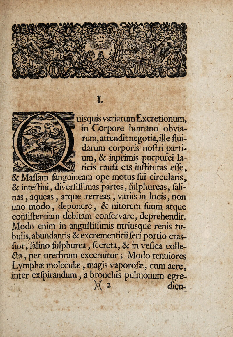 uisquis variarum Excretionum, in Corpore humano obvia¬ rum, attendit negotia, iUe flui¬ darum corporis noftri parti-* um, & inprimis purpurei la¬ ticis caula eas infHtutas efle, & Maflam languineam ope motus lui circularis „ & inteftini, diverfiflimas partes, fulphureas, foli- nas, aqueas, atque terreas , variis in locis, non uno modo, deponere, & nitorem liium atque coniiftentiam debitam confervare, deprehendit. Modo enim in anguftiffimis utriusque renis tu¬ bulis, abundantis & excrementitiiieri portio cras- fior,felino fiilphurea, lecreta, & in veflca colle¬ ga , per urethram excernitur ; Modo tenuiores Lymphae molecuhe, magis vaporofe, cum aeres inter exfpirandum, a bronchis pulmonum egre-