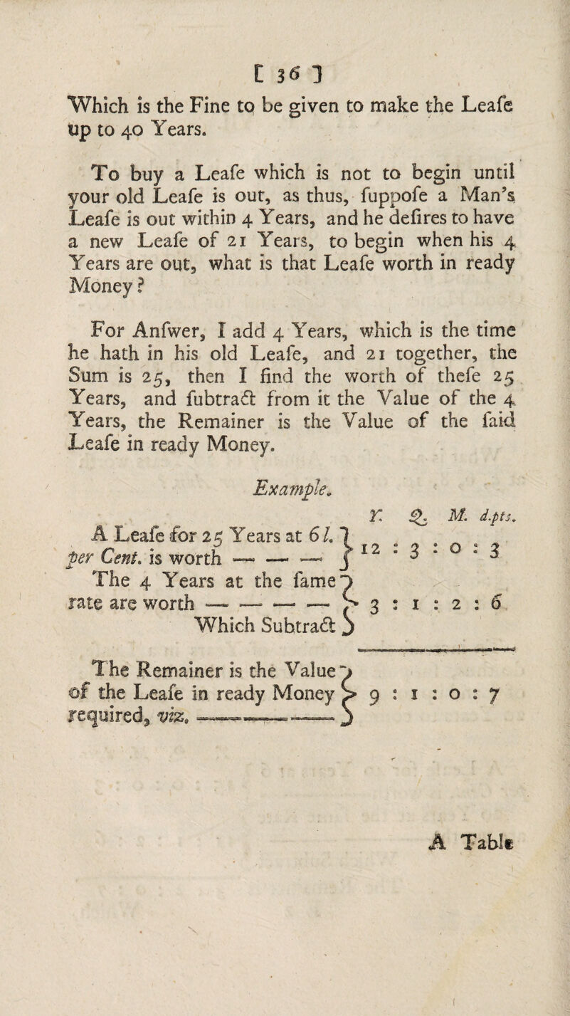 Which is the Fine to be given to make the Leafe up to 40 Years. To buy a Leafe which is not to begin until your old Leafe is out, as thus, fuppofe a Man’s. Leafe is out within 4 Years, and he defires to have a new Leafe of 21 Years, to begin when his 4 Years are out, what is that Leafe worth in ready Money ? For Anfwer, I add 4 Years, which is the time he hath in his old Leafe, and 21 together, the Sum is 25, then I find the worth of thefe 25 Years, and fubtrad from it the Value of the 4 Years, the Remainer is the Value of the faid Leafe in ready Money. Example* r q m d.pts. A Leafe for iz Years at 61.1 per Cent. is worth ™ — — ^12.3.0.3 The 4 Years at the fame”) rate are worth --— — — S 3 : 1 : 2 : 6 Which Suhtrad j The Remainer is the Value the Leafe in ready Money required, viz. 9:1:0: A Table 1