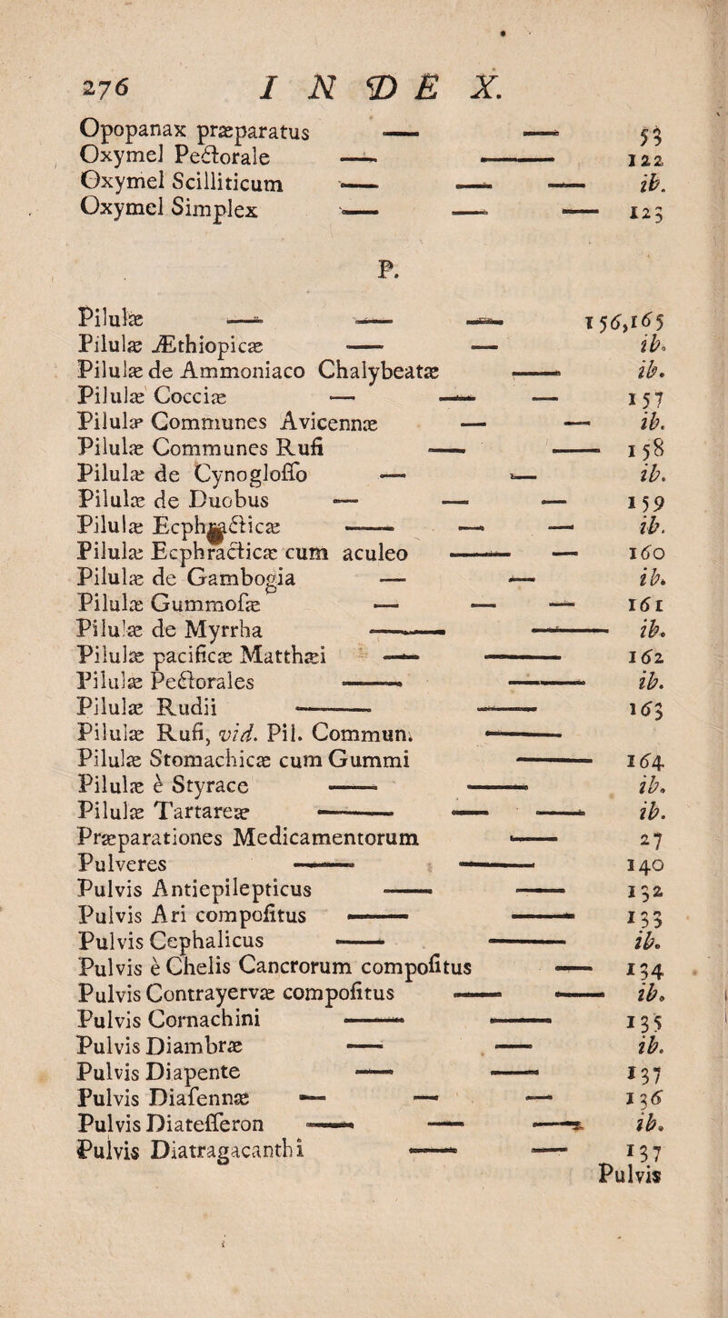 Opopanax preparatus ■— — 59 OxymeJ Pedorale — -- 122 Oxymel Scilliticum - — — ib. Oxymel Simplex «— .—- — 123 P. Pilule -—- — Pilule jEthiopice ■—— Pilule de Ammoniaco Chalybeate Pilule Coccie — Pilule Communes Avieenne Pilule Communes Rufi — Pilule de Cynogloffo — Pilule de Duobus — Pilule Ecph^dice ——- Pilule Ecphractice cum aculeo Pilule de Gambogia — Pilule Gummofe ~ Pilule de Myrrh a -— Pilule pacifice Matthei —— Pilule Pedorales --— Pilule Rudii «—- Pilule Rufi, vid. Pil. Commun. Pilule Stomachice cum Gummi Pilule e Styrace ■—— Pilule Tartarean ——— Preparationes Medicamentorum Pulveres ——- — Pulvis Antiepilepticus --- Pulvis Ari compofitus ■■■> Pulvis Cephalicus -- Pulvis eChelis Cancrorum compofitus Pulvis Contrayerve compofitus — Pulvis Cornachini »■ ■■■ Pulvis Diambre -—* Pulvis Diapente Pulvis Diafenne ■— •—* Pulvis Diatefferon —** —— Pulvis Diatragacanth i • T 56)165 ib° ib. 151 ib. - 158 ib. 1? 9 ib. 160 ib. 161 — ik 16z ■ ib. 14 ib. ib. 140 132, 133 ibo 134 - ib. 135 ib. 137 1 3 6 ib. 137 Pulvis t
