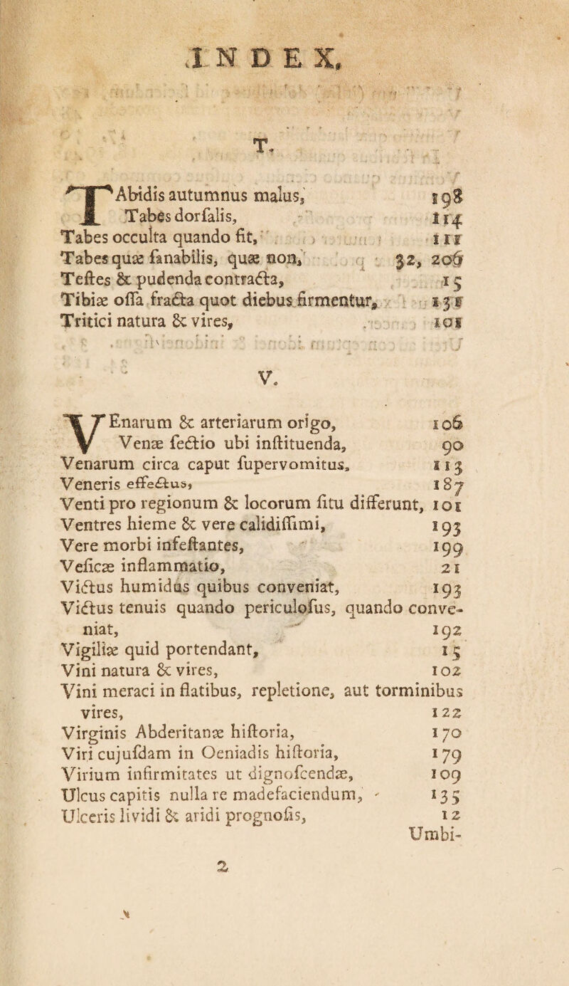 T. TAbidis autumnus malus, i gg Tabes dor falis, 114; Tabes occulta quando fit, 11 r Tabes qua: fanabilis, quae non, 32, 20fj Teftes & pudenda contrafta, 15 Tibiae offa fra&a quot diebus firmentur, s 3 f Tritici natura 8t vires, 101 . ■' •' :b’ r- 1 ri' r :■ • : - 'J V. VEnarum &c arteriarum origo, 106 Venae fedtio ubi inftituenda, 90 Venarum circa caput fupervomitus3 113 Veneris efferus, 187 Venti pro regionum 8c locorum fitu differunt, 101 Ventres hieme 8t vere calidiffimi, 193 Vere morbi infeftantes, 199 Veficae inflammatio, 21 Vitffus humidus quibus conveniat, 193 Vidfus tenuis quando periculofus, quando conve¬ niat, 192 Vigiliae quid portendant, 15 Vini natura <k vires, 102 Vini meraci in flatibus, repletione, aut torminibus vires, 122 Virginis Abderitanae hiftoria, 170 Viricujufdam in Oeniadis hiftoria, 179 Virium infirmitates ut dignofcendse, 109 Ulcus capitis nulla re madefaciendum, - 135 Ulceris lividi & aridi prognofis, 12 Umbi- V