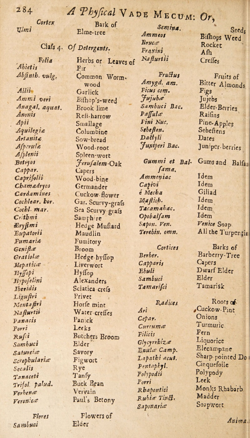 Cvrtex TJImi Clafi 4» Volia > 'Abut is Ahfintb. vuig^ 'Aim Am mi oeri Anagal, aqmi, Anonis , Apii /xquilegis Artanit^ Afp^rult& Afphnii jBotvjOS Cappiir, Caprifolii ChitmAdv^os Cardamines ^ Cochlear, hor, CochL mar. Crithmi IBupatorii FtfJfiaris Genifi^ Gratiol(e Mepaiic^ ■Byppi^ _ Jiypofelini Jbetidis Ligufiri Mentafifi mfturiii Vanacis Forri Kufi Samhuci Saturei^ Scyophulatl^ Secahs Tanaceti Fvijol fahd. Veronic^:^ Thres Samla^i A ^hyfical V A D E M e c um: Of Bark of Elme»trce 0/ Detergents^ Herbs or Leaves F', %. ^ ir Common Worm* wood Garliclc BifhopVweed Brook lime Reft-harrow Smallage Columbine Sowbread VVood*rooc Spleen-wort yenifalem-O^k Capers Wood'bine Germander Cuckow flower Gar. Scurvy-grafs Sea Scurvy grafs Samphire Hedge Mufiard Alaudlin Fumitory Broom Hedge-hyffop . Liverwort Hyffop Alexanders Sciatica crefs Privet Horfe mint Water creffes Panick Leeks Butchers Broom Eldcr^' Savory Figwort ' , Rye Tan fy Buck Bean Vervain Paul’s Betony ' Flowers of Elder Semina, Ammeos Frucce Frqxini, VyuBu$ Amygd, am. Ficus corn* yujubit Samhuci Bacs Pajful^e Fini Nuc, Sihefien* DaHyli Jayiiperi Bac* Gum mi et Bah fama^ Ammoniac Cap hi e Mecba fdafiich- Tacamahac, Opobalfam Sapon, Ven, Terebin, omn, Coftices Berber, Capparis Fbuli Samhuci Tamarifci B^a dices Ari Cepar. Curcuma Filicis Glycyrrhiz^ Camp, Lapaihi acut. Fentaphyl. Toljpodii Porri Rbapontici Kuhio’ TinS» Saponarii^ Seedg Bifliops Weed Rocket Afh Creffes Fruits of Bitter Almonds Figs . ^ Jujebs Elder* Berries Raifins Bine-Apples Sebeflens’ I)ates Juniper-berries Gums and Balfa* Idem Idem Gillad Idem Idem Idem'- renice Soap All the Turpenfif Barks of Barberry-Tree Capers Dwarf Elder Elder Tamarisk Roofs ^Cuckow-Pint Onions Turin uric Fern Liquorice Elecampane ^harp pointed Do j Cinquefoile Polypody Leek Monks Rhabarb Madder Soap wort Anirnau