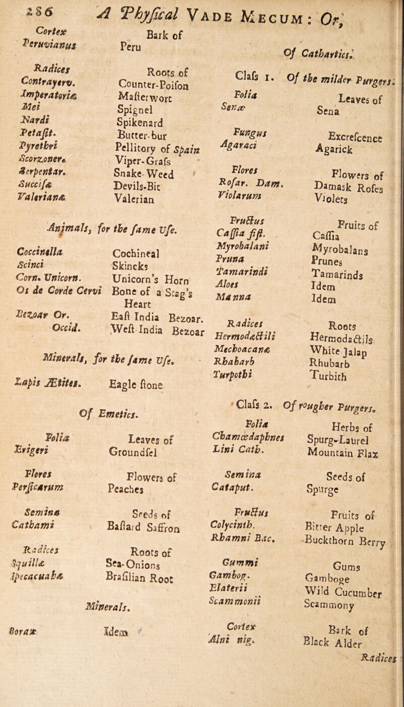 2S6 Coriei^ TerHviantiS f Radices Cofitfaytrv^ dmperatorw Met JSlardi Tetajif. Tyretbfi Scorzonevt. Serpentar, Succlf^ TaUrian^ A Thyjical Vade Mecum; Or, Bark of 9/ Cathartics^ Clafs I, of the milder Leaves of Roots of Counter-Poilbn Mafierworc Spignei Spikenard Butter-bur Pcllitory of Spam Viper* Grafs Snake-Weed ^ Devils-Bic Valerian Anfmalsy for the fame Vfe, Coccmlla Cochineal Scinci Skincks Corn.Vnicorn. Unicorns Horn Os de Corde Cervi Bone of a Scan s Heart Hezoar Or. Eaft India Bezoar. Occid. ,Weft-India Bezoar Minerals, for the fame Vfe. 2ap2s .Wittes» E^gle fionc Of Emetics. Folia Fungus Agaraci Flores Fofar. Dam. yiolarum FruBus Cafiaffi. Myrobalani Fruna ^Famarindl Aloes Manna Radices HermodaBili Mechoacana Rhabarb Turpothi Sena I Excrefcencc Agarick Blowers of Damask Rofes VioJecs Fruits Caffia i^%obaIans Prunes 'Famarinds Idem Idem Roots Hermodadjls White Jalap Rhubarb Turbich Folia Erigeri Leaves of Groundfd Clafs 2. Of rougher Purgers. Folia Chamcedaphnes Lini Cath. Herbs of Spurg-Laurel Mountain Flax Flores Flowers of Sem in a PerfcMrum Peaches Cataput. Semina Seeds of FruBus Cath ami Baflaid Sajffron CoJycinth, Rhamni Bat Radices Roots of Rutiles, Sea- Onions Gum mi Ipecac uabs Brafilian Root Gam bog. Blaterii Minerals. Scammonii ^orarn IdeiB Coviese Alni nig. Seeds of Spurge Fruits of Bitrer Apple -'Buckthorn Berry . Gums Gamboge Wild Cucumber Scammony Bark of Black Alder Radices