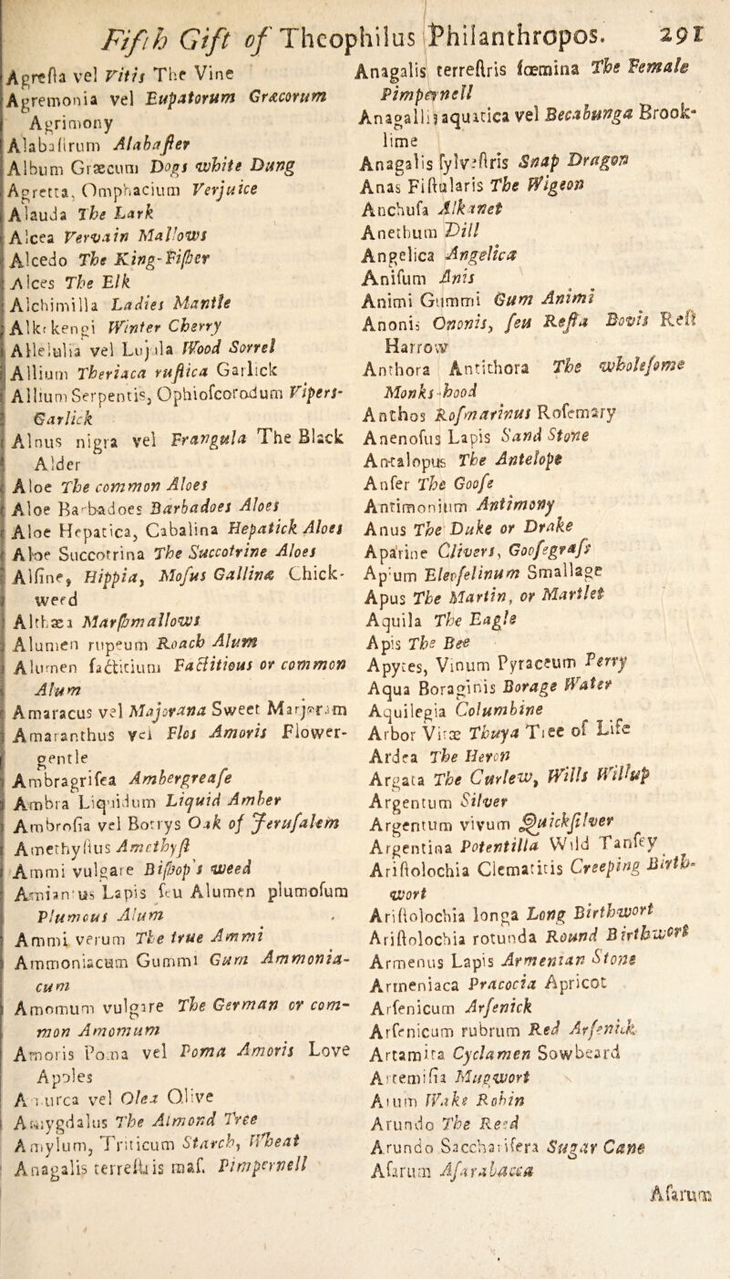 AErtfla vel Vitis The Vine Anagalis' terreftris faemina the Vemale PimpmnsU Agremonia vel Eupttforum Crdcorum Agrimony Alabafirum Alahajier Album Graecum Dogs white Dung Agretta, Ompnacium Verjuice Alauvia the Lark Aicea Vervain Mallows Alcedo The King-Pi/ber A Ices The Elk Alchjmilla Ladies Mantle Alkfkengi JVinter Cherry AHelulia vel Lujjla IVood Sorrel Allium Theriaca rujiicd Garlick Allium SerpentiSj Ophiofcoradum Vipers- Gar lick Anagalli jaquitica vel Becahunga Brook- lime Anagalis fylv-^lris Snap Dragon Anas Fiftularis The Wigeon Ancbufa A'kanet Aneihum Dill Angelica Angelica Anifum Anis Animi Gummi Gum Animi Anonis Ononis^ feu Refia Bom Reft Harro'vV Anthora Antichora The whokfome Monks-hood Anthos Rofmarinus Ro^emny Alnus nigra vel Erangula The Bhck Anenohu Sand Stone Alder Aloe The common Aloes Aloe Ba^badoes Barhadoes Aloes Aloe Hepatica, Cibalina Hepatick Aloes Abe Succorrina The Succofrine Aloes Antal opus The Antelope Anfer The Goofe Antimoniiim Antimony Anus The Duke or Drake ApaVine Clivers^ Goofegrafi Alfinej Hippiay Mofus Gallina Chick' Apbm Elevfelinum Smallag weed Alrhxa Marfumailows Alumen rupeum Roach Alum Alumen Calcium EaHitious or common Alum Amaracus v?l Majovana Sweet Marjoram Amaranthus Vci Flos Amorh Flower- gentle Arabragrifea Amhergreafe Ambra Liquidum Liquid Amher Ambroha vel Bonys Oak of Jetufahm Amethyitus Amcihyfl Ammi vulgare Bipjop s weed Arnian^us Lapis ftu Alumcn plumofum Apus The Martin, or Martlet Aquila The Eagle Apis The Bee Apyces, Vmum Pyraceum Perry Aqua Boraginis Borage Water Aquilegia Columbine Arbor Vifx Thuya TiS£ of Life Ardea The Heron Argata The Curlew^ thills Hillup Argentum Silver Argentum vivum ^uickjtfver Argentina Wild Tanfey^ Ariflolochia Clematitis Creeping Birth atmvt Plumous Alum Ammi verum The true Ammi I Ammoniacum Gummi Gum Ammonia- cum Amomum vulgire The German or com- mon Amomum Amoris Poma vel Foma Amoris Love Apoles A : urea vel Olea Qlive ( Af4iygdaliis The Almond Tree Aaiyiumj Triiicum Starchy Wheat • Anagalis ferrePais maf. Pimpcrnell Ariholochia longa Long Birthwort Ariftolochia rotunda Round Birthivt^t't Armenus Lapis Armenian Stone Arineniaca Fracocia Apricot Arfenicum Arfenick Arfenicum rubriim Red Arfenuk Artamira, Cyclamen Sowbeard A'Cemifia Mugwort \ Aium Wake Robin Arundo The Reed Arundo SacchaiKera Sssgav Cam A L r ii m Aft r a Im cca Afamaii