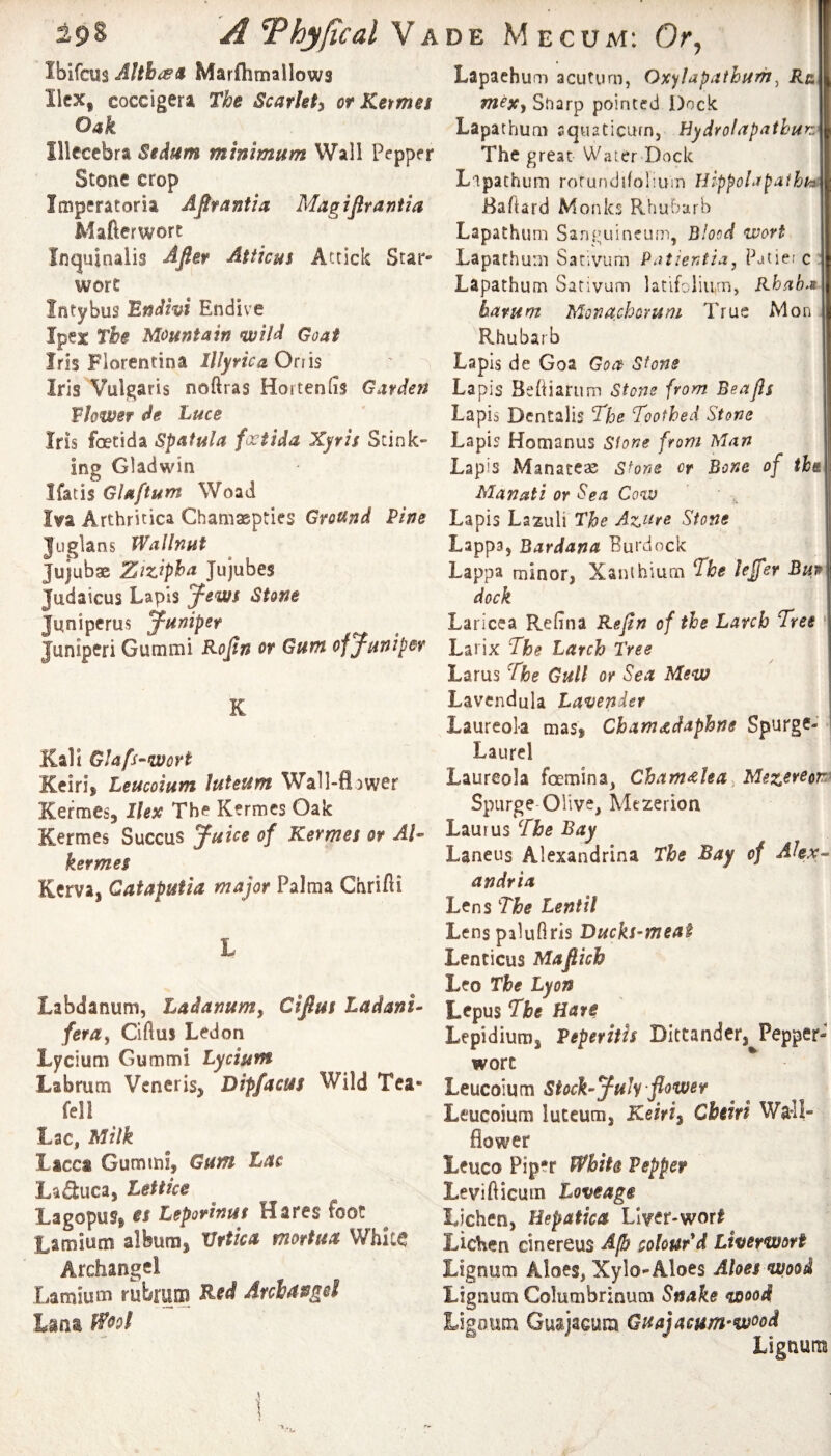 IpS AThyficalYA Ibifcus AUh^($ Marfhmallows Ilex, coccigera The Scarlet^ or Ketmej Oak Illcccbra Sed^tm minimum Wall Pepper Stone crop Imperatoria AJtraniia Magifiraniia Mafierwort Inquinalis Afier Atticus Accick Star* wore Intybus 'Endhi Endive Ipex The Mountain wild Goat Iris Florentina IllyricaOci'is ' ^ Iris Vulgaris noftras Hoitenlis Garden Vhwer de Luce Iris foetida Spatula fevtida Xyris Stink¬ ing Gladwin Ifatis Glaftum Woad Iva Arthritica Chaniaspties Groi^nd Pine Juglans Wallnut Jujubae Ztzipha Jujubes Judaicus Lapis Stone Jun iperus juniper Juniper! Gummi Rojin or Gum of juniper K ICali Glafs -wort Keiri, Leucoium luteum Wall-flower Kefmesj Ilex The Kermes Oak Kermes Succus Juice of Kermes or Al- kermes Kerva, Catapuiia major Palma Chrifli L Labdanum, Ladanum, Cijlus Ladani- fera^ Ciflus Ledon Lycium Gummi Lyciutn Labrum Veneris, Dipfacus Wild Tea- fell Lac, Milk Lacct Gummi, Gum Lac Laduca, Lettice Lagopus, €S Leporinut Hares foot Lamium album, Vrtica mortua White Archangel Lamium rubrum Ked Archangsi Lana DE M ecum: Or, Lapaehum acutum, Oxylapathum^ Rr mexj Snarp pointed Dock Lapathum aquaticumj Hydrolapathurz The great Water Dock I Lnpathum rotundifolium UippoLrpathhi Baftard Monks Rhubarb Lapathum Sanguineum, Blood wort Lapathum Sativum Patlentia, Patierc: Lapathum Sativum latifoliiim, Rhah^t harum Monachovum True Mon . Rhubarb Lapis de Goa Goa Stone Lapis Behiarum Stone from Beafls Lapis Dentalis ^he Toothed Stone Lapis Homanus Stone from Man Lapis Manateae Stone or Bone of the Manati or Sea Cow Lapis Lazuli The Az.ure Stone Lappa, Bardana Burdock Lappa minor, Xanthiurn The lejfer Bun dock Laricea Refina ReJin of the Larch Tree La rix The Larch Tree Larus The Gull or Sea Mew Lavendula Lavender Laureok mas, Cham^daphne Spurge- Laurel Laureola foemina, Cham^lea, Mez^erem Spurge Olive, Mezerion Laurus The Bay Laneus Alexandrina The Bay of Ahx^ an dr i a Lens The Lentil Lenspiluflris Ducks-meat Lenticus Mafiich Leo The Lyon Lepus The Hate Lepidiura, Veperiih Dittander,^Pepper- wort Leucoium Stock-July flower Leucoium luteum, KeiVi, Cheiri Wa^ll- flower Leuco Piper Pepper Levifticum Loveage Lichen, Hepatica LIver-worl Lichen cinereus A/b colour d Liverwort Lignum Aloes, Xylo-Aloes Aloes wood Lignum Columbrinum Snake wood Ligoiim Guajacura Quajacum-w^od Lignum