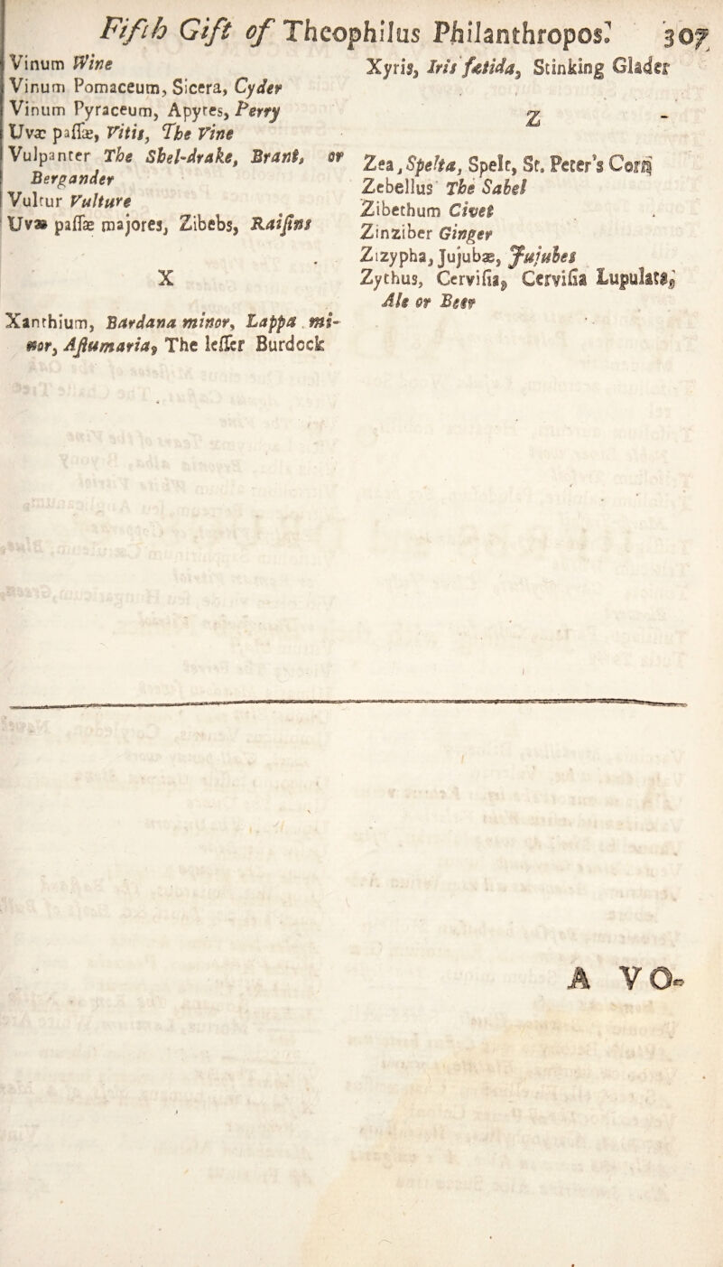 Vi nil m Wine Vinum Pomaceum, Slcera, Cyder Vinum Pyraceum, Apyres, Perry Uva: pa{&, Vitis, The Vine Vulpanccr The Sbel-drake, Brant, er Bergander Vulfur Vulture Uv» pafTse majoreSj Zibebs, Raifins * X Xanthium, Bardana minor^ Lappa .mi- mr^ AJlumaria^ The leffcr Burdock XyriSi Iris fietida^ Stinking Gkder 4 I •’ 4 z Zesi.Speftaj Speic, Sf. Peter’s Cor^ Zcbellus The Sabi! Zibethum Civet Zinziber Ginger Zizypha, Jujubae, jujubet Zychus, Ccrvifiij Ccrvifia Luputo;^ Ale Of Bggf A YO