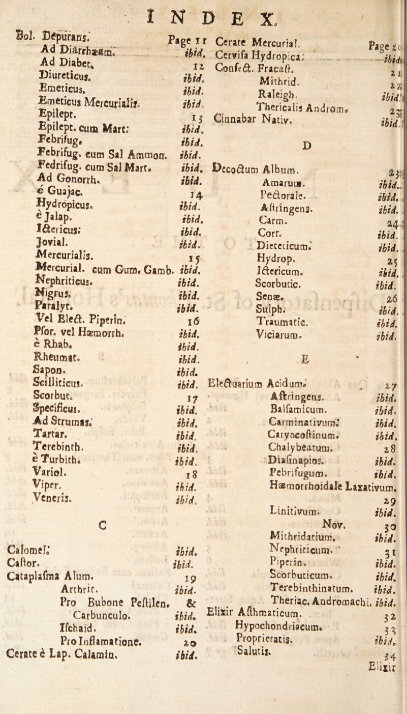 IZ ibid. ibid. ibid. ibid. ibid. ibid. Bol. D^pufans.' Ad DIarrbsfeiitxi.' Ad Diabctfc Biurctidus. Emecicus, Bmedcus Mercurialii Epilept. Epilcpc. eum Mart; Ecbrifug* Fcbrifug. eum Sal Ammon. Fcdrifug. cum Sal Mart. Ad Gonorrh* ^ Gua)ac. Hydropicus. e Jalap. I^^ericus; Jovial, Mercunalls. WercuriaJ. cum Gum. Gamb. ibid. Nephtiticus. Nigruj. Paralyc. Vel Elea. Tiptrtn. Pfor, vel Hs^morrh, c Rhab* Rhetimat. Eapon. Sciilicieus, ibid. U ibid. ibid. ibid. ibid. tf ibid. ibid. ibid. l6 ibid. ibid. ibid. ibid. Scorbut. Spccificus. Ad Strurnaj; Tartar. Terebinth, e Turbith. Variola Viper. Veneris. If ibid. ibid. ibid. ibid. ibid. iS ibid. ibid. ibid. ibid. 19 ibid. Calomel; Caftor. Cataplafma Alum. Arthrir. Pro Bubone Pcftilen# & Carbunculo. ifehaid. Proliiflamationc. 2,0 Cerate ^ Lap. Calarain. ibid. Cerate Mercurial. Page Cervifa Hydropica; . —ibich Confed. Fracafh z l Mithrid. Z T* Raleigh. ibidl Thericalis Androm^ Cinnabar Nativ. ibid. D Becodum Album. 23? Amaruui. ibid.. Pedorale. ibid.i. Aitringens. ibid. Carm. Corr. ibid. ’ Dieccticum; ibid. Hydrop. 25 Idericum. ibid. Scorbutic. ibid. Senae» 2i6 Sulph. ibid. Traumatic. ibid. Viciarum. ibid. E :^leduarium AcidumJ If Aftriogens. ihidi Balfamicum, ibid. Carrninativum; ibid. Ctryocoftinum. ibid. Chalybeatum. 28 Diafinapios. ibid. Febrifugum. ibid. Haemorrhoidale Laxacivum. Linicivum. zg ibid. Nov. 10 Mithridatium. ibid. Nephricicimi. ' Piperin. ibid. Scorbuticum. ibid. Terebinthinatum. ibid. j. aiwiiiACt AL ibid., Elixir Afthmaticum. . ibid. Hypochondfiscum. Pfoprieratis. Salutif. 32 ihidt J4 EHxis