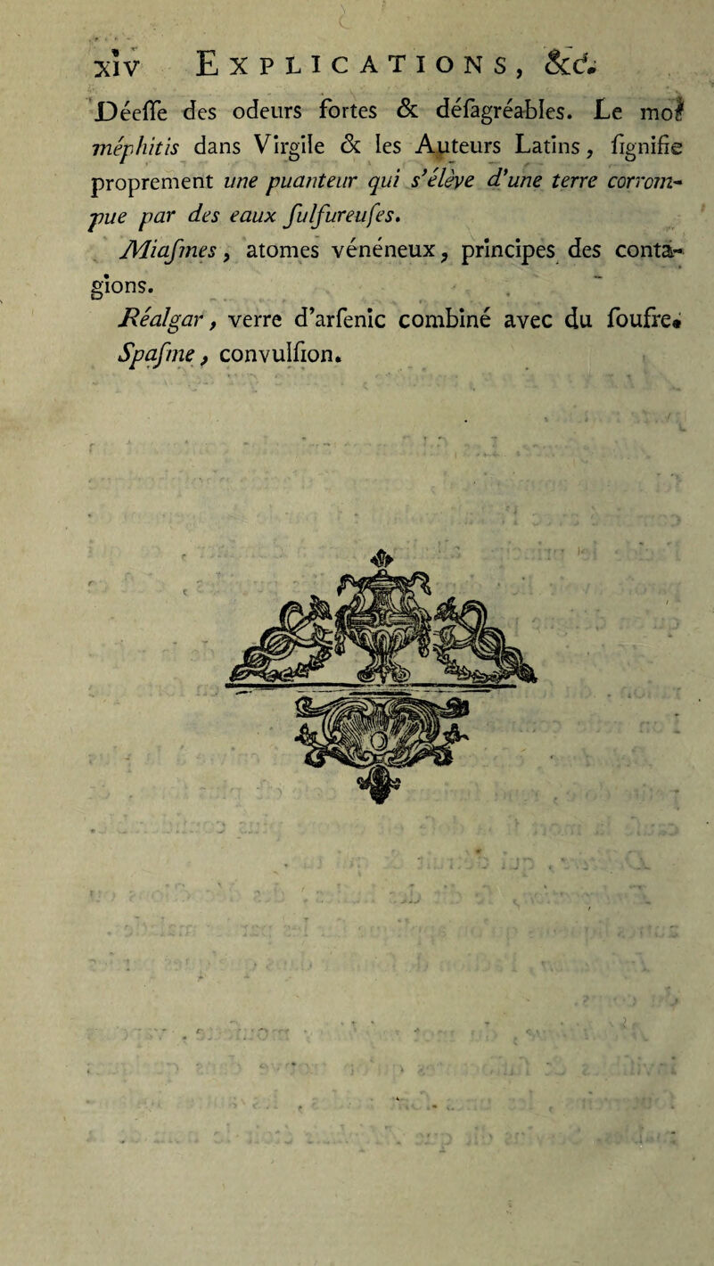 xîv Explications, &<â Déeiïe des odeurs fortes & défagréables. Le mol méphitis dans Virgile & les Auteurs Latins, fig ni fie proprement une puanteur qui s’élève d’une terre corrom¬ pue par des eaux fulfureufes. Adiafmes, atomes vénéneux, principes des conta¬ gions. Réalgar, verre d’arfenic combiné avec du foufre* Spaf/ne, convulfion.