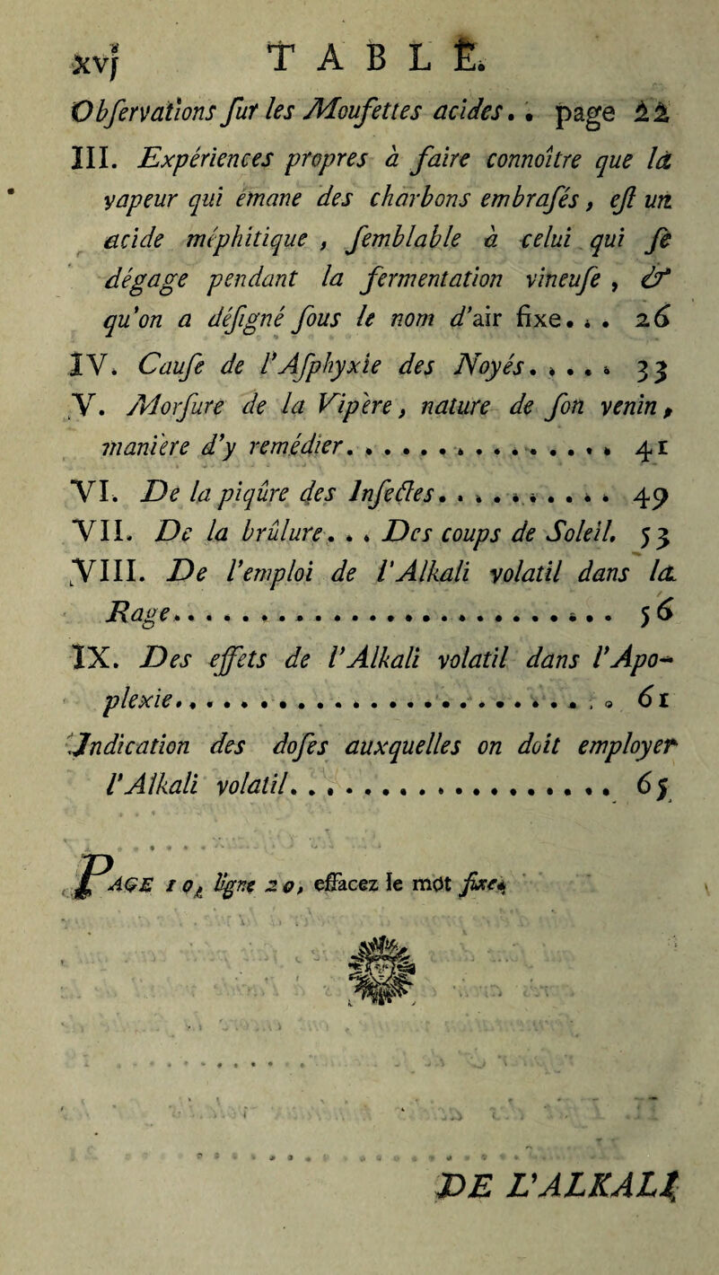 xvf T A B L Ê. O bfer valions fut les Moufettes acides. • page III. Expériences propres à faire connoître que là vapeur qui émané des charbons embrafés, eft un acide méphitique , femblable à celui qui Je dégage pendant la fermentation vineufe , if qu’on a défigné fous le nom d’air fixe. * . 26 IV» Caufe de rAfphyxie des Noyés. ♦ . . * 33 y. Morfure de la Vipere, nature de fon venin, maniéré d’y remédier........... 41 VI. De la piqûre des lnfeéles. ......... 49 VIL De la brûlure. * * Des coups de Soleil, 53 LVIII. De l’emploi de l'Alkali volatil dans ht Rage...*. . 5 6 IX. Des effets de l’Alkali volatil dans l’Apo¬ plexie ....».. ,v 6 r Jndication des dofes auxquelles on doit employer l’Alkali volatil. .. 6 y 1 Of Ugne 20, effacez le mot fixe* Épi* 1 DE L'ALKALI