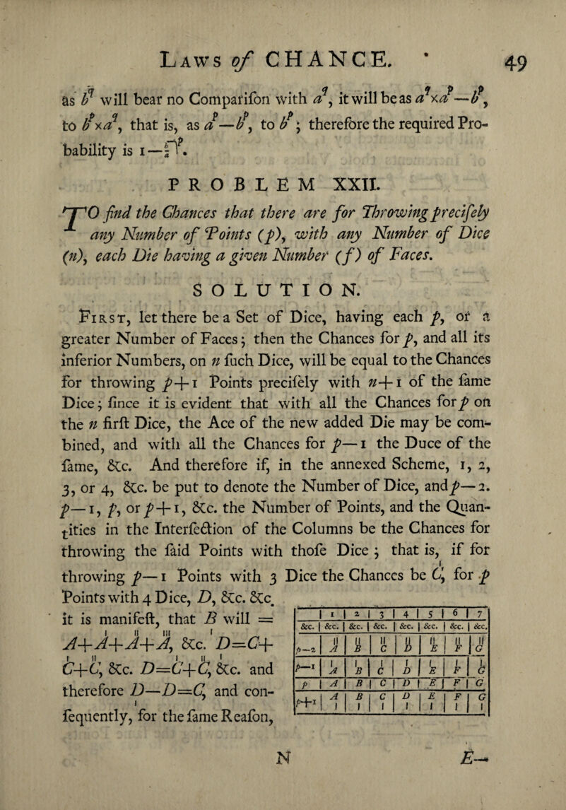 as $ will bear no Companion with a , it will be as cf —b , to that is, as a—to $; therefore the required Pro¬ bability is i—pf. PROBLEM XXII. tT'0 find the Chances that there are for Throwing precifely any Number of Points (p), with any Number of Dice (n), each Die having a given Number (f) of Faces. SOLUTION. First, let there be a Set of Dice, having each p, or a greater Number of Faces; then the Chances for and all its inferior Numbers, on n fuch Dice, will be equal to the Chances for throwing /+i Points precifely with n-\-i of the fame Dice j fince it is evident that with all the Chances forp on the n firft Dice, the Ace of the new added Die may be com¬ bined, and with all the Chances for i the Duce of the fame, &c. And therefore if, in the annexed Scheme, i, 2, 3, or 4, SvC. be put to denote the Number of Dice, andp—2. p—1, or jp+i, &c. the Number of Points, and the Quan- tities in the Interfe&ion of the Columns be the Chances for throwing the laid Points with thofe Dice } that is, if for throwing p— 1 Points with 3 Dice the Chances be C\ for p Points with 4 Dice, Z), &c. SCc it is manifeft, that B will = 1 11 in 1 _ A+A+A+A, Sec. D=^C+ C-\-C\ &c. Z)=6'-f (7, &c. and therefore D—and con- fequently, for the fame Reafon, |i|2|3l4l5l6l7 &c. | &c. | &c. | &c. | &c. j &c. j &c. | kc. f>~- 2. 'a II B II C II D II E II F 1! G P—1 'a 'b 1 c 1 D E | F | h P A B | C | D | E J F | G H*1 A 1 B 1 c 1 D 1 E i F 1 G 1 i