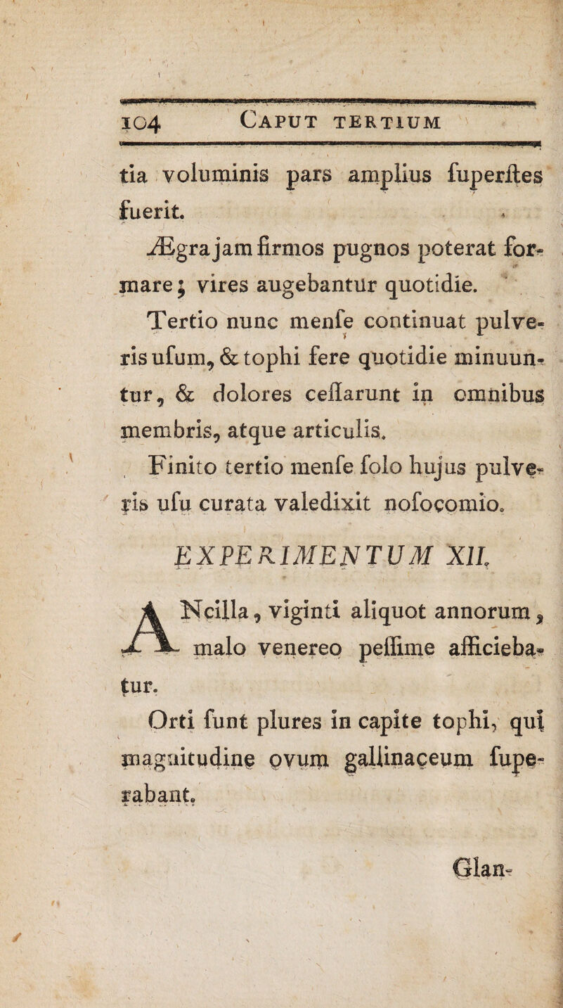 t 104 Caput tertium /1 ✓ tia voluminis pars amplius fuperftes fuerit. .fEgra jam firmos pugnos poterat for¬ mare ; vires augebantur quotidie. Tertio nunc menfe continuat pulve¬ ris ufum, & tophi fere quotidie minuun- tur, & dolores ceflarunt in omnibus membris, atque articulis. Finito tertio menfe folo hujus pulve¬ ris ufu curata valedixit nofocomio» EXPERIMENTUM Xll tt- ' . ' '  Ncilla, viginti aliquot annorum, malo venereo pelfime afficieba¬ mur. Orti funt plures in capite tophi, qui magnitudine pvum gallinaceum fupe- rabant. -i*. - 1 v ( ✓ Glan-