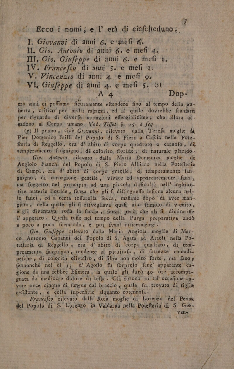 I. Giovanni di anni 6. e‘mefi 6. II. Gio. Antoniv di anni 6. e mefi 4, III, Gio, Giufeppe di anni'6. e mefi 1, IV. Francefeo di anni 5. e mefi x V. Vincenzio di anni 4. ‘e mefi gi VI Giufeppe di anni 4 e mefi 5. (5) A 4 Dop- tro anni ci Re Sa ficuramente eftendere fino al tempo della, pu- bertà , critico” per molti ragazzi, ed il quale dovrebbe fcanfarki per riguardo di diverfe. mutazioni effenzialilime, che. allora ac- gadono al Corpo umano. Ved. Tiffot: $. 25. è feg: (5) Il primo , cioè Giovazzi, rilevato dalla ‘Terefa moglie dé Pier Domenico Failli del Popolo di S. Piero a Cafcia ‘nella Pote- fteria di Reggello, era d* abito di corpo quadrato e carnofo, di temperamento fanguigno, di colorito, florido, di naturale placido . Gio. Antonio rilevato . dalla Maria Domenica moglie di di Campi, era d* abito ‘di corpo gracile, di temperamento fan- guigno , di carnagione. gentile, vivace ed apparentemente. fano , ma foggetto nel principio. ad una piccola'difficoltà nell* inghiot- tire materie liquide , fenza che gli fi diftingueffe lefione alcuna nel- le fauci, ed a Certa toflerella fecca, mallime dopo di aver rman- giato , nella quale. gli fi rifvegliava quafi uto (timolo di vomito, o gli diventava roffa la faccia , fenza. però, che gli @ diminuiffe l appetito . Quefta toffe nel tempo della Purga preparativa andò a poco a poco fcemando, e poi, fvanì intieramente . . Gio. Grufeppe revaro dalla Maria Angiola. moglie di Mar- co. Antonio Capanni del Popolo di S. Agata ad Arfoli nella Po- nefche » di colorito oliva ftro , di fibra non molto forte, ma ‘fano ; fennonchè nel dì 13. d’ ‘Agofto fu forprefo fenz” apparente. Ca- gione da una febbre Efmera 5° la quale’ gli durò 40: ore | accompa= gnata da mediocre dolore di tefta . Gli furono in tal occafione ca- refiftente , e colla fuperficie alquanto cotennofà - .. Francefco rilevato dalla Rofa moglie di Lorerzo ‘del’ Penna del Popolo di S. Lorenzo in Valdarno nella Potefteria di S. Gia, 1 Vane r î #