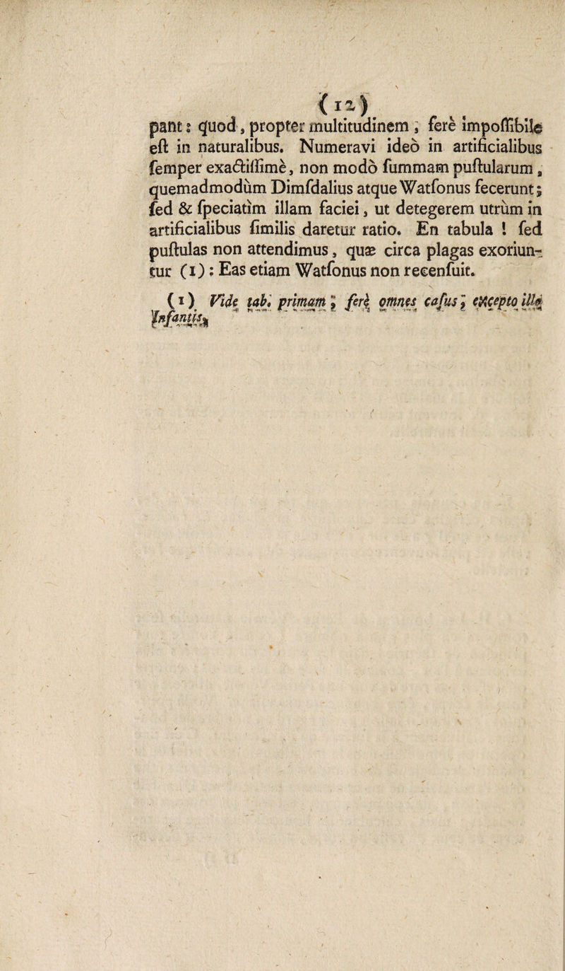 pant : quod, propfer multitudinem 5 ferè împoffibib eft in naturalibus. Numeravi ideô in artificialibus femper exadiiïimè, non modo fummam puftularum, quemadmodùm Dimfdalius atque Watfonus fecerunt; fed &amp; fpeciatim illam faciei, ut detegerem utrùm in artificialibus fimilis daretur ratio. En tabula l fed pullulas non attendimus, quæ circa plagas exoriun- çur (i) : Eas etiam Watfonus non reeenfuit. \ ( i ) Vide lab, primam l ferè omnes cafus l eiïcepto illd Mam*