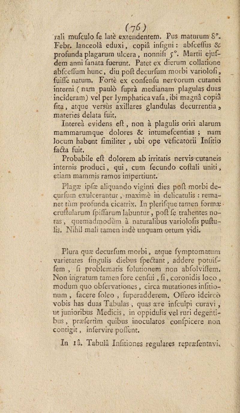 f rail mufculo fe latê exxiidentem. Pus maturum 8®a Febr. ianceolâ eduxi, copia infigni : abfceffus 8c profundaplagarum ulcéra, nonnifi j°. Martii ejuF dem anni fanata fuerunt. Patet ex dierum collatione abfcefïum hune, diu poft decurfum morbi variolofi, fuiffe natum. Fortè ex confenfu ner^orum cutanei interni ( nam paulô fuprà medianam plagulas duas incîderam) vel per lymphaticavafa, ibi magna copia fita, atque versùs axillares glandulas decurrentia 9 materies delata fuit, Intereà evidens eft , non à plagulis orîri ai arum, mammarumque dolores & intumefeentias ; nam locum habent fimiliter , ubi ope véficatorii Infitio fada fuit. Probabile eft doîorem ab îrritatis nervisxutaneis internis produci, qui, curn fecundo coftali uniti, etiam mammis ramos inipertiunt. Plagæ ipfæ aliquando viginti dies poft morbi de¬ curfum exulcerantur, maximè in delicatulis : rema- net tùm profunda cicatrix. In plerifque tamen formæ cruflularum fpiflarum labuntur* pofi: fe trahentes no¬ tas , quemadmodum à naturalibus variolofis puftu- lis. Nihil mali tamen indè unquam ortum vidi. Plura quæ decurfum morbi, atque fymptomatimi varietates fingulis diebus fpedant, addere potuif- fem , fi problematis folutionem non abfolviiïem. Non ingratum tamen fore cenfui , fi, coronidis loco , modum quo obfervationes, circa mutationes infitio- num , facere foîeo , fuperadderem. Oifero idcirco vobis bas duas Tabulas, quas ære infculpi curavi, ut junioribus Medicis, in oppidulis vel ruri degenti- bus, præfertim quibus inoculatos confpicere non contigit, infervire pofient. In la. Tabula Infitiones regulares repræfentavi. \